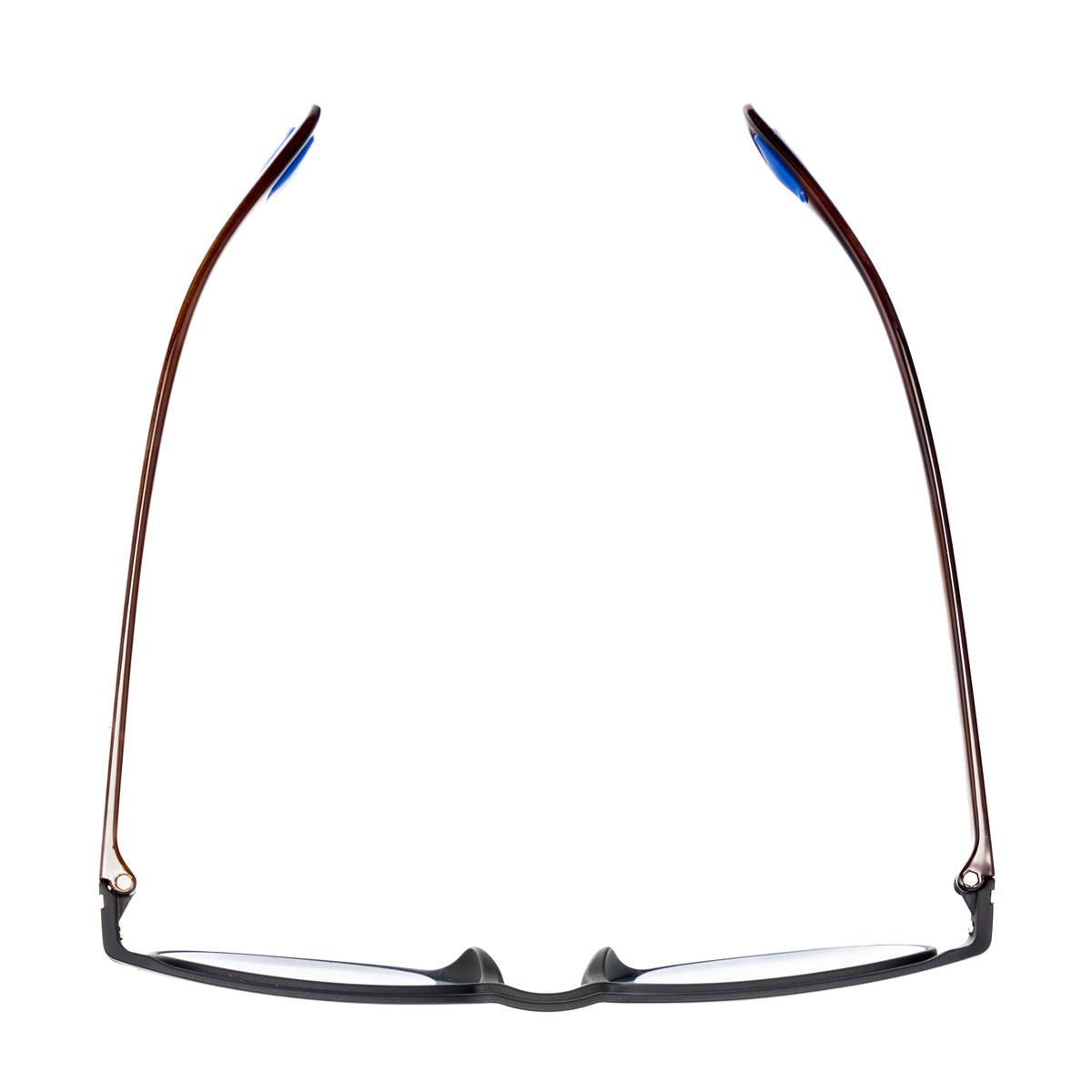 Occhiali da sole unisex MATI C71 con frontale nero e aste avana lucido, dettagli blu eleganti.