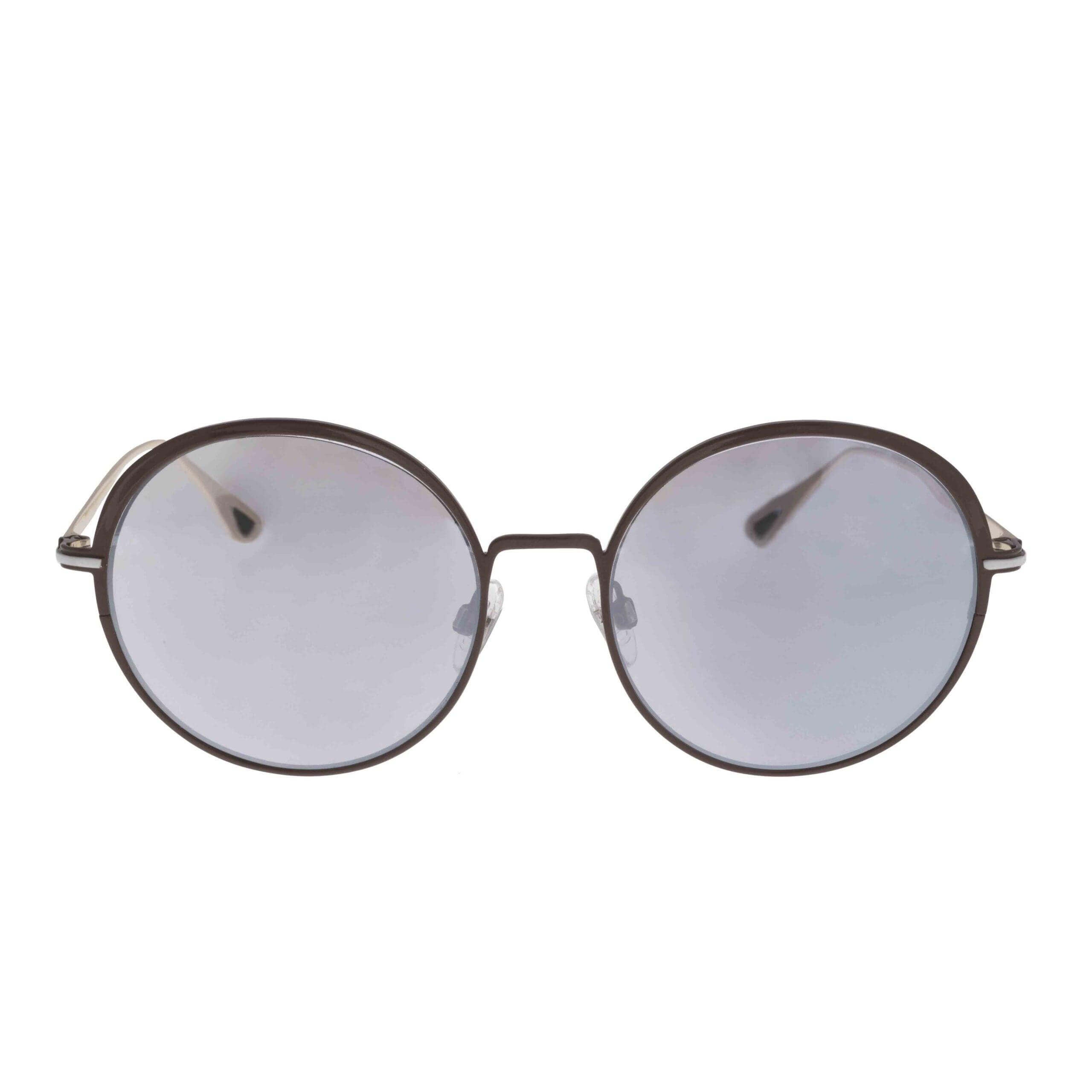 Occhiali da donna MIMOSA C6 con design ampio, lenti grigie e aste in metallo oro lucido.