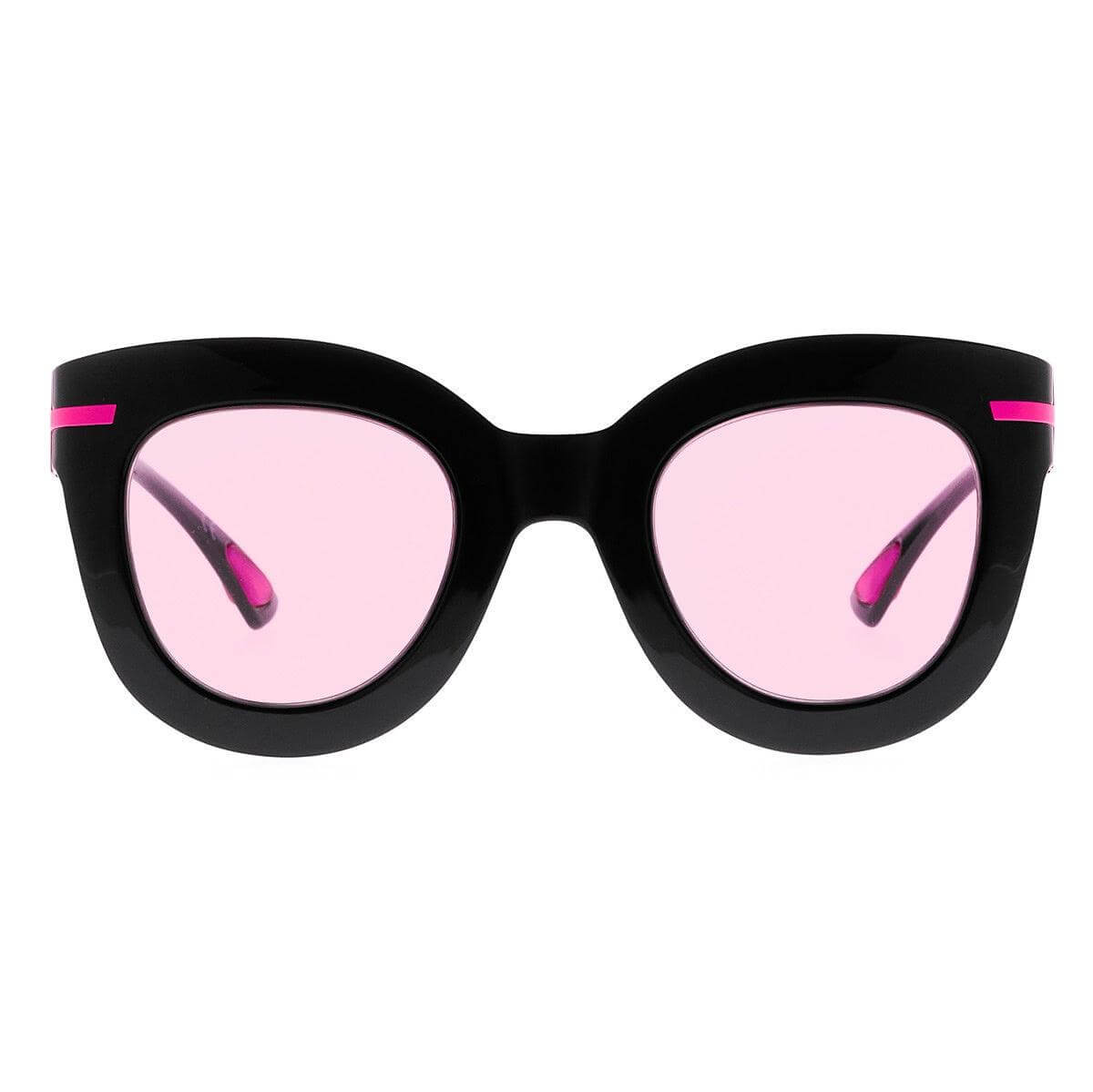 NICOLE C1 occhiali da donna eleganti con lenti rosa fotocromatiche e dettagli rosa su montatura nera.