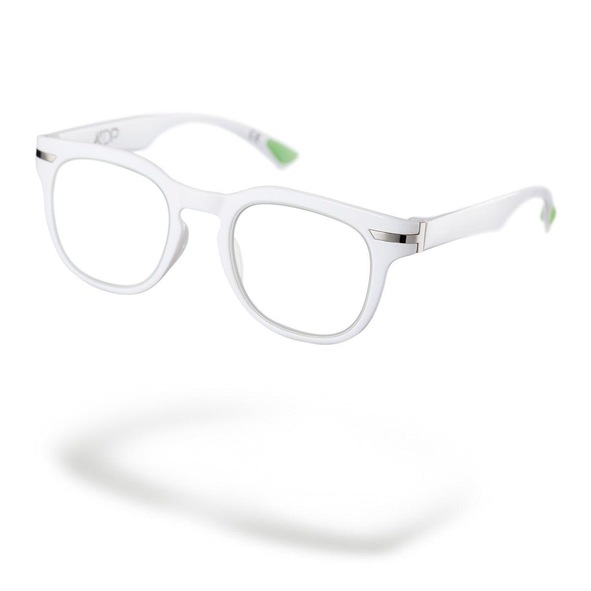 Occhiali PAOLA C7, design minimal total white con dettagli verdi, collezione Flexo AirDP Style.