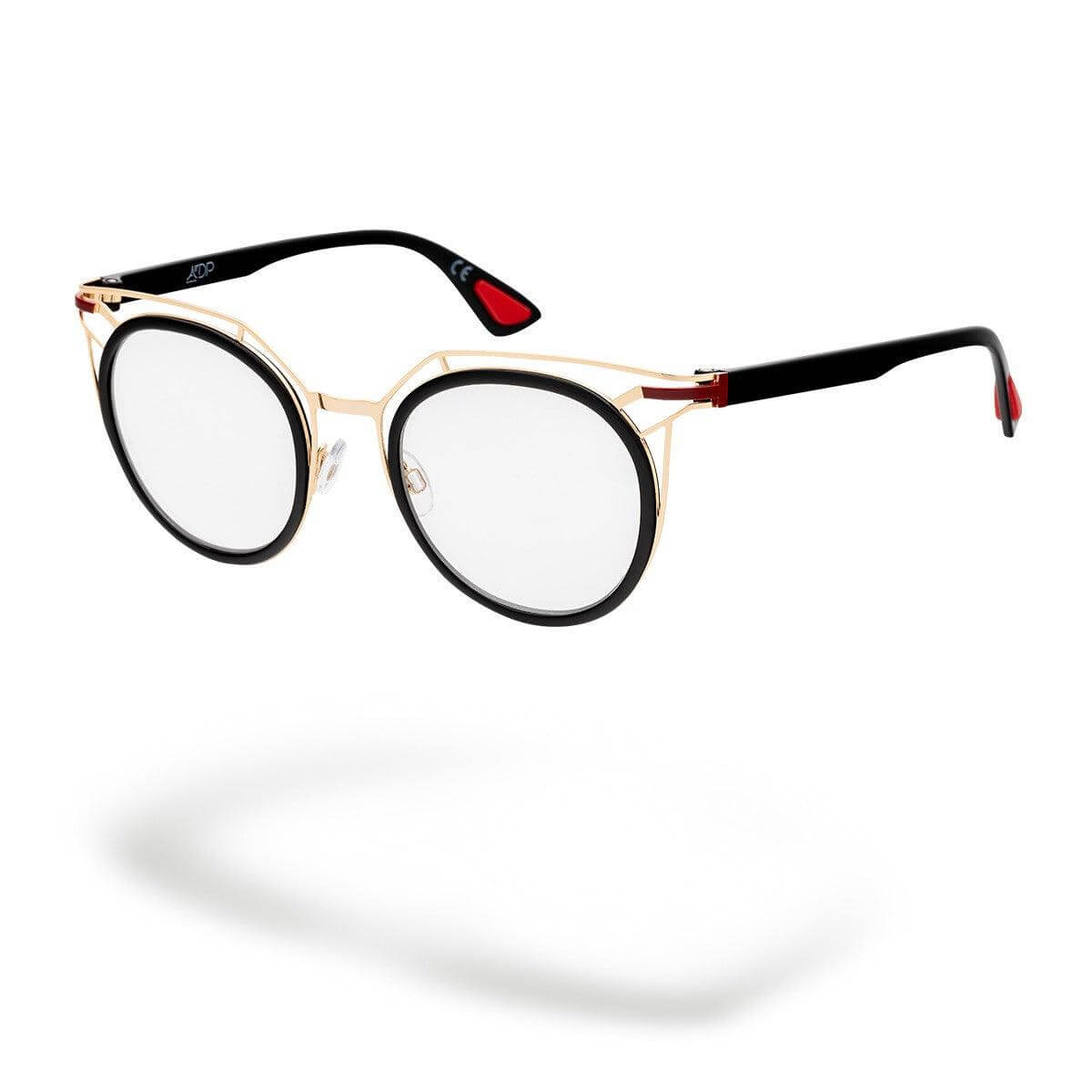 Occhiali da donna PRASLIN C1 in metallo oro lucido con aste nere lucide, eleganza senza tempo.