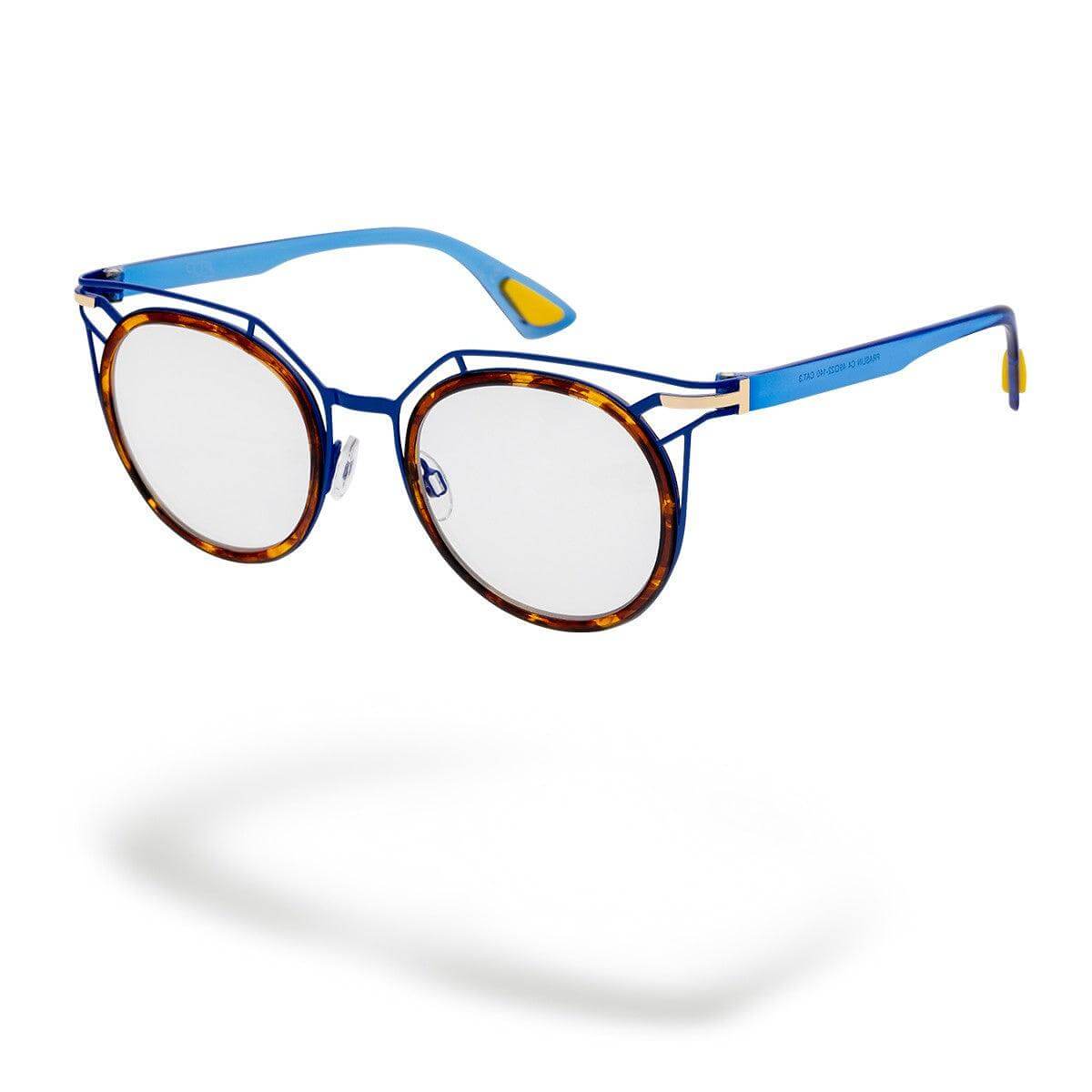 Occhiali PRASLIN C4 in metallo con forma rotonda, frontale blu lucido e dettagli havana.