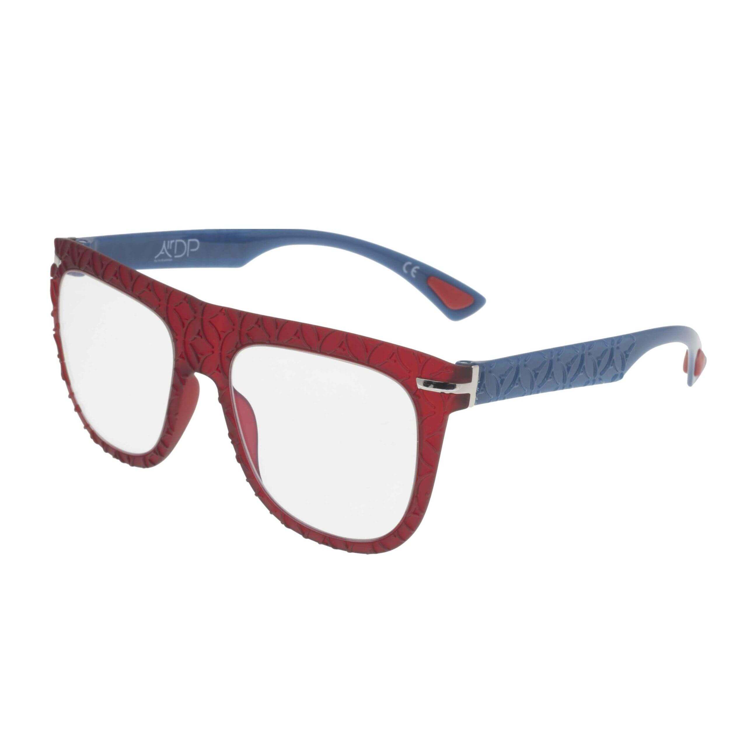 Occhiali SAMU C8 con fronte rosso soft touch e aste blu lucido, design elastico e pratico.