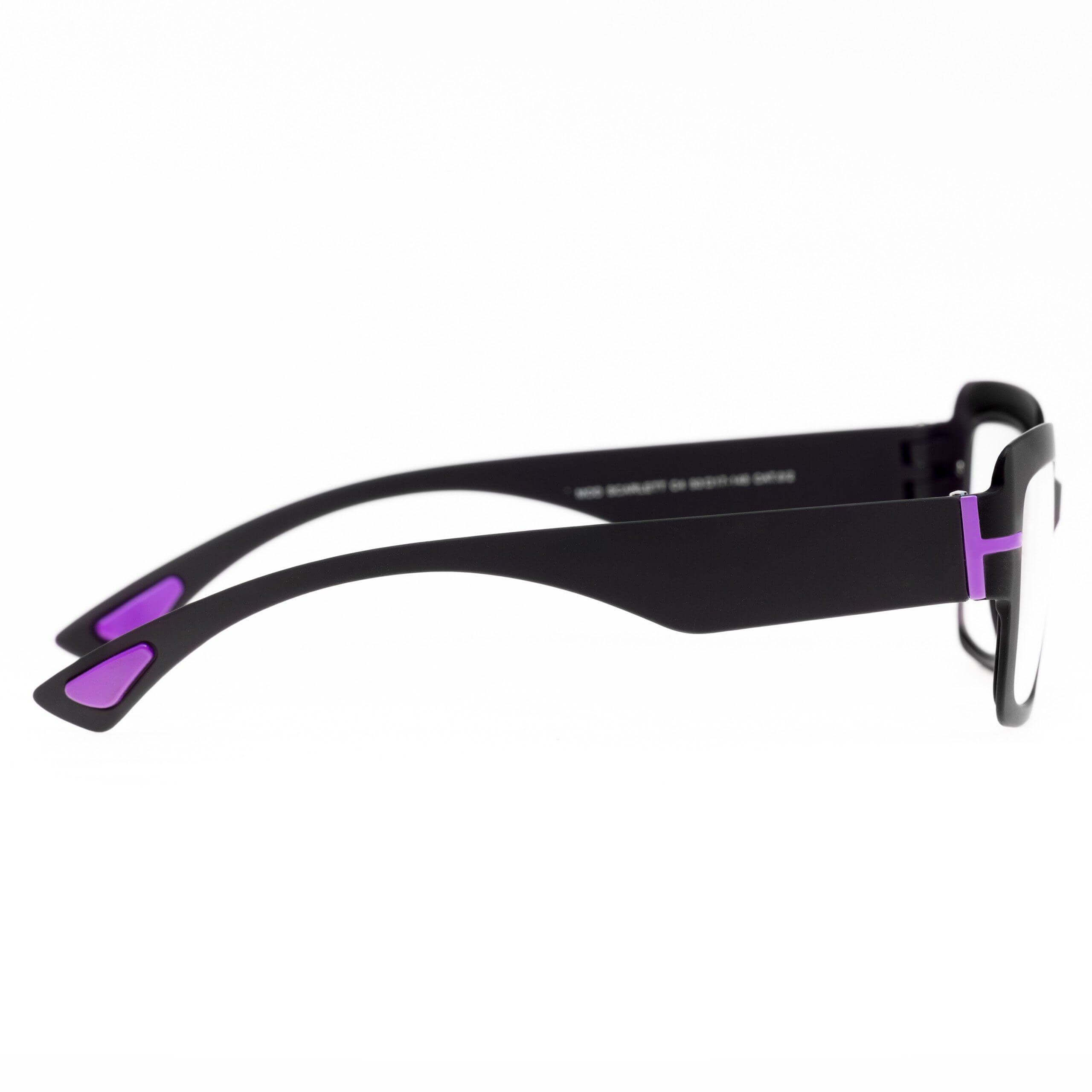 SCARLETT C4 eyeglasses showcasing bold total black design and violet detail on the temples.