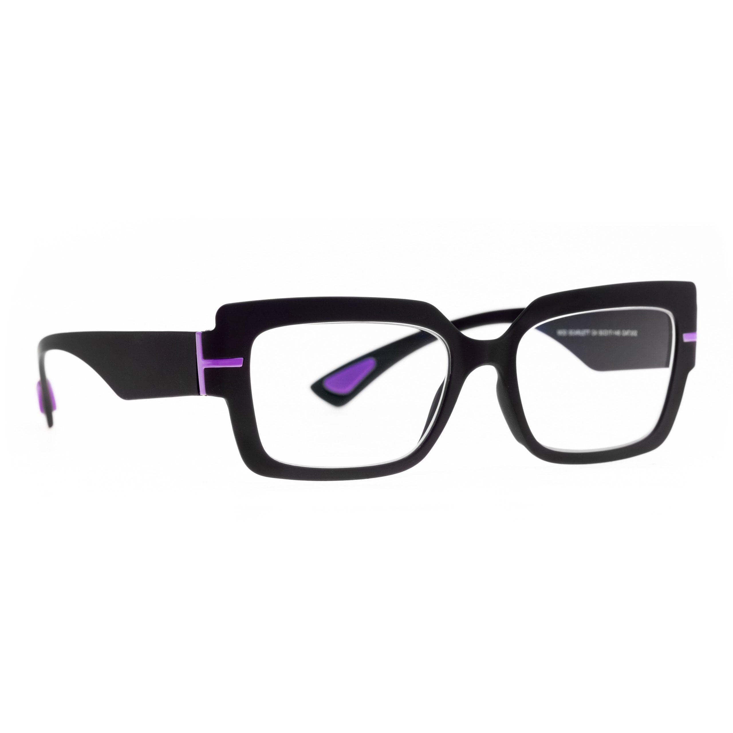 SCARLETT C4 occhiali da donna in total black con dettagli viola e lenti grigie fotocromatiche. Stile contemporaneo ed elegante.