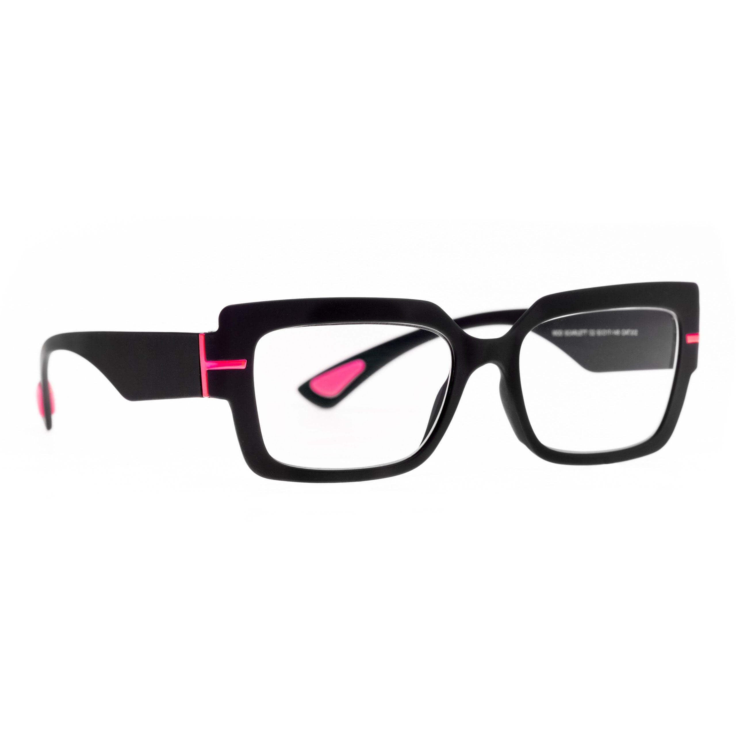 SCARLETT C2 occhiali dal design femminile con forma rettangolare e dettagli rosa su nero soft touch.