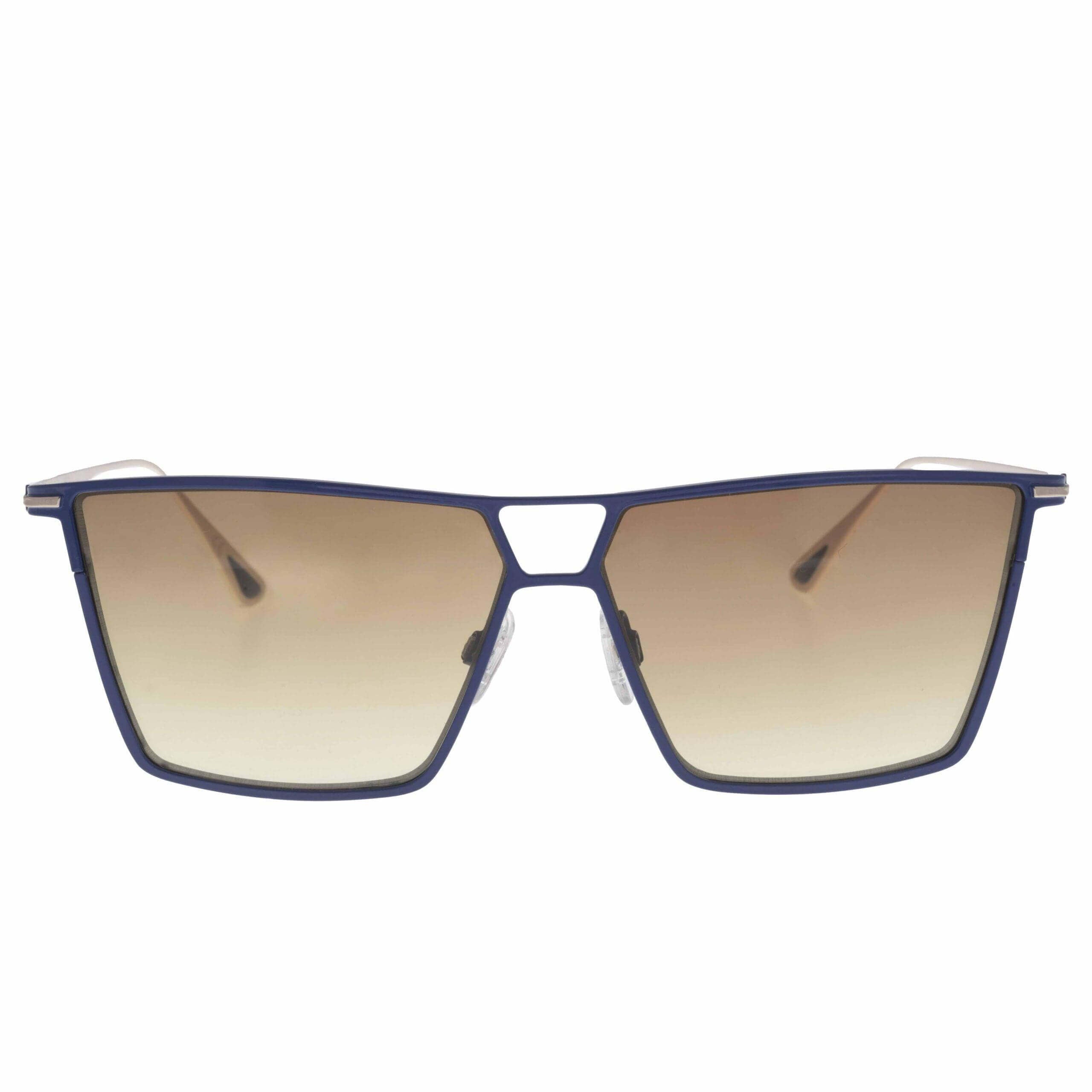 Occhiali da sole SIRIO C4 con frontale blu lucido e aste oro, lenti giallo-marrone sfumato.