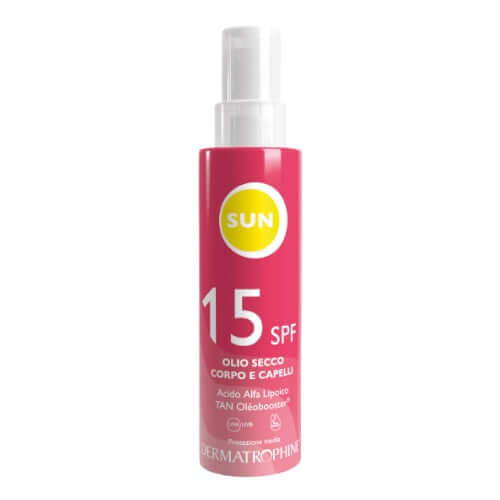 Olio Secco Corpo e Capelli SPF 15 by Dermatophine, offering UVA/UVB protection and antioxidant benefits.