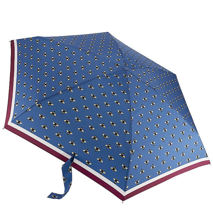 Ombrello Bee Border, compatto e leggero, design blu con motivi di api, aperto misura 85 cm, chiuso 15 cm x 6 cm.