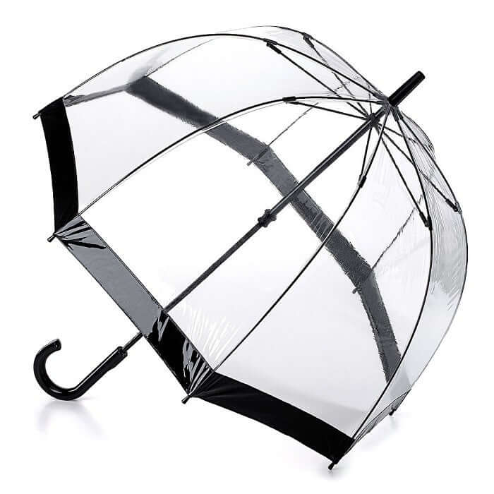 Ombrello Black: elegante ombrello trasparente a cupola con manico curvo, resistente al vento e facile da usare.