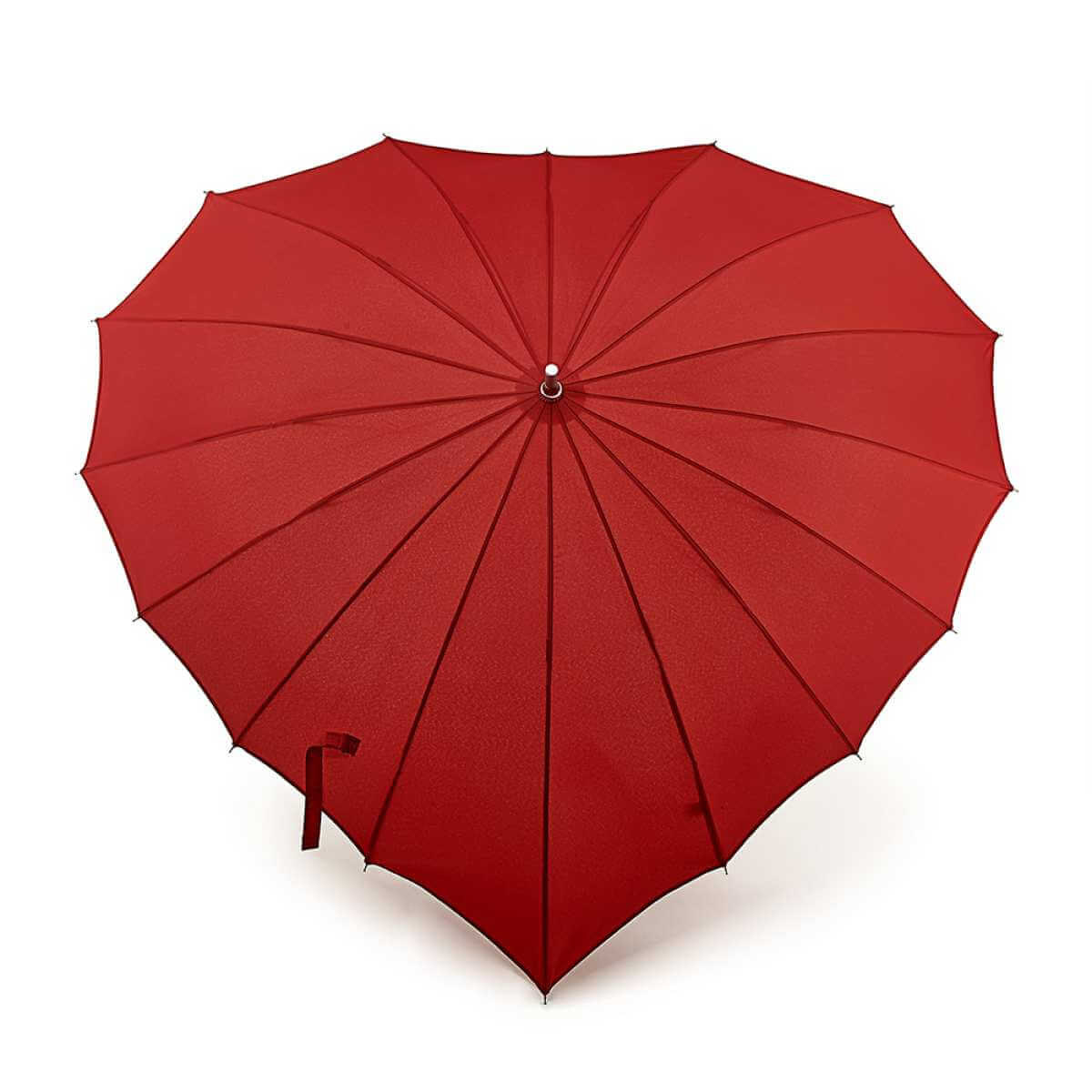 Ombrello a cuore rosso, costruzione leggera in fibra di vetro, diametro 100 cm, manico gommato, pesa 470g.