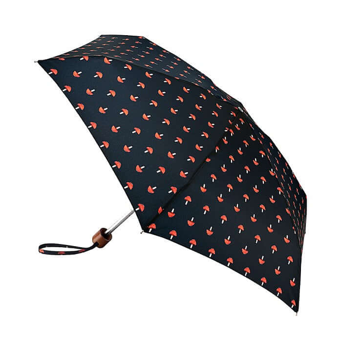 Ombrello Mushrooms compact umbrella with black fabric and colorful mushroom pattern, open, lightweight and portable.