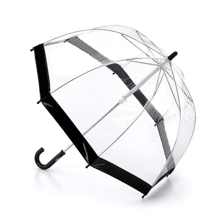 Ombrello trasparente a bolla con bordo nero, progettato per bambini, sicuro e divertente per giornate piovose.