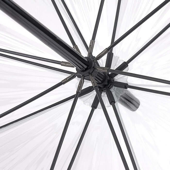 Close-up view of the interior structure of Ombrello Pink umbrella, showcasing its durable fiberglass ribs and sleek design.