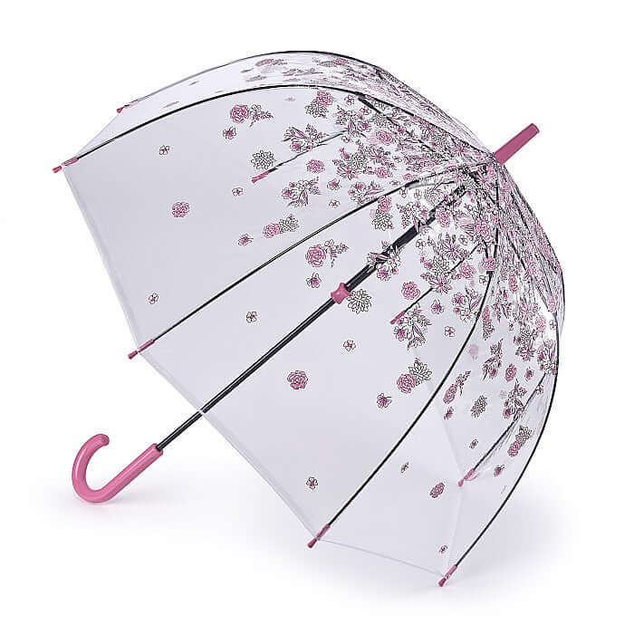 Ombrello Sketchy Springs con design trasparente e fiori rosa, misura 94 cm, meccanismo di apertura fluido.