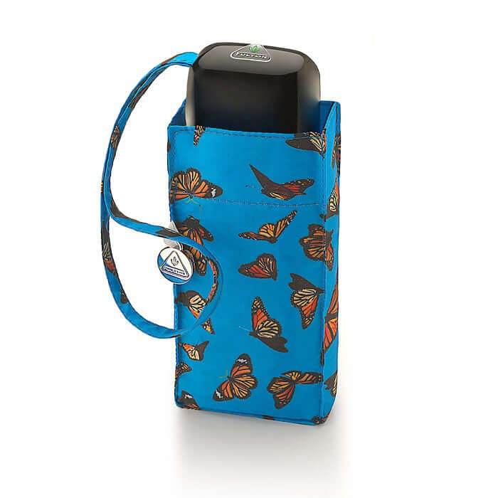 Ombrello Tiny Monarch Butterflies with blue butterfly pattern, compact design for easy carrying and storage.