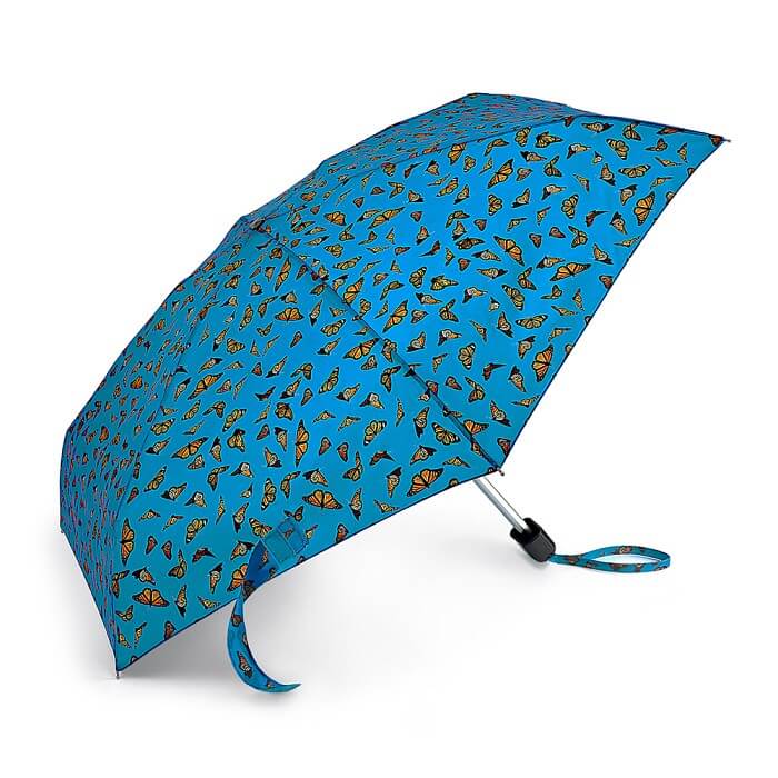 Compact Tiny Monarch Butterflies umbrella with blue background and vibrant butterfly pattern, lightweight and portable design.
