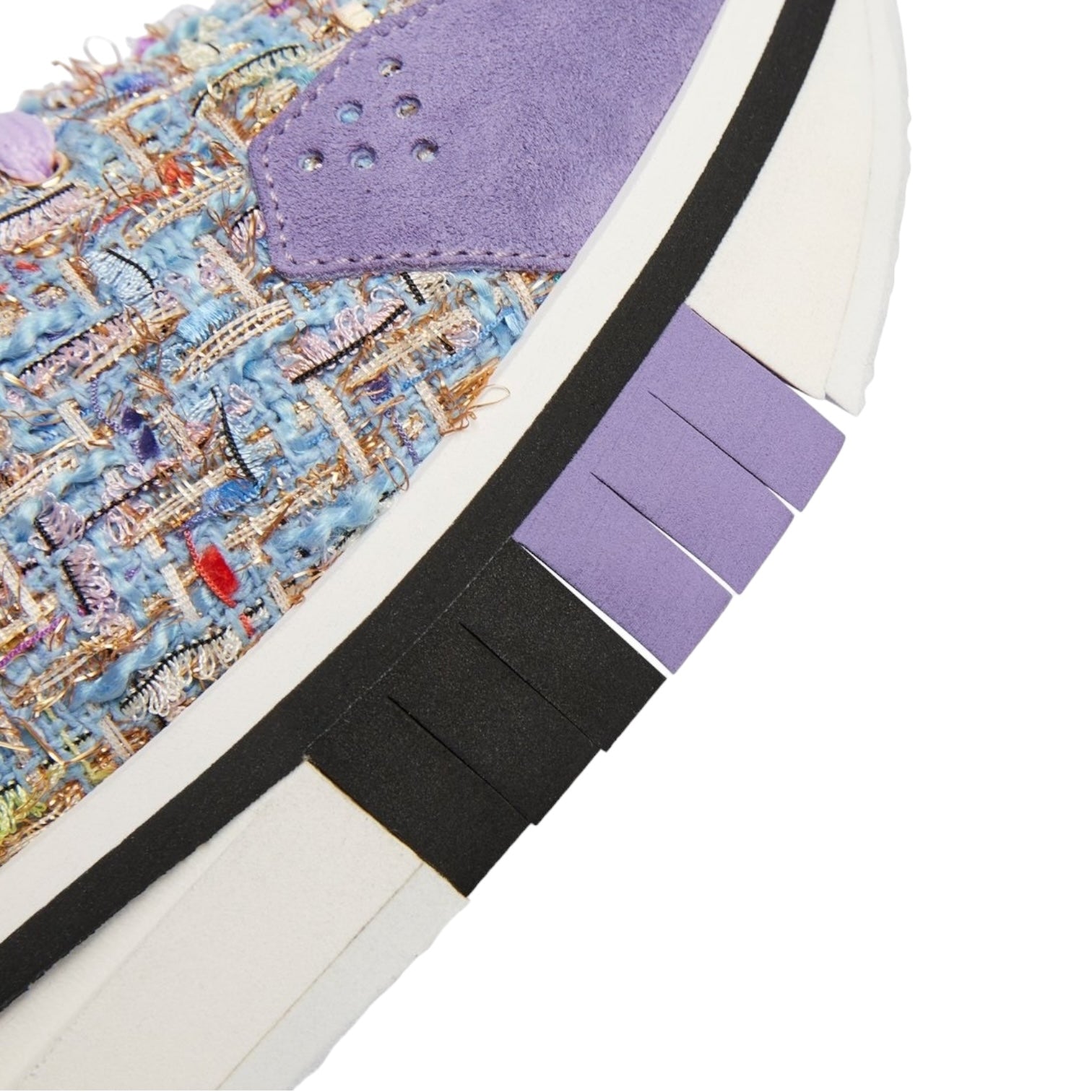 Close-up of Fabi F65 shoe featuring colorful textile upper and flexible rubber sole for exceptional comfort.