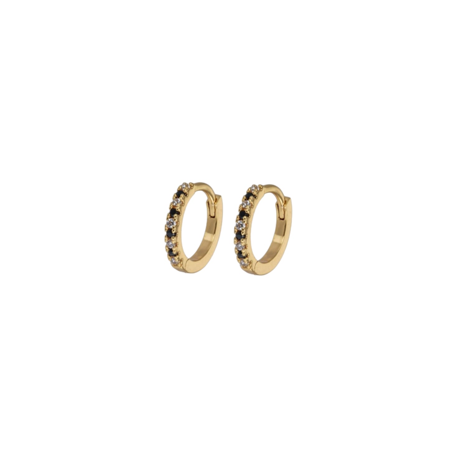 Small hoop earrings in gold-plated brass featuring black and white stones, perfect for elegant everyday wear.