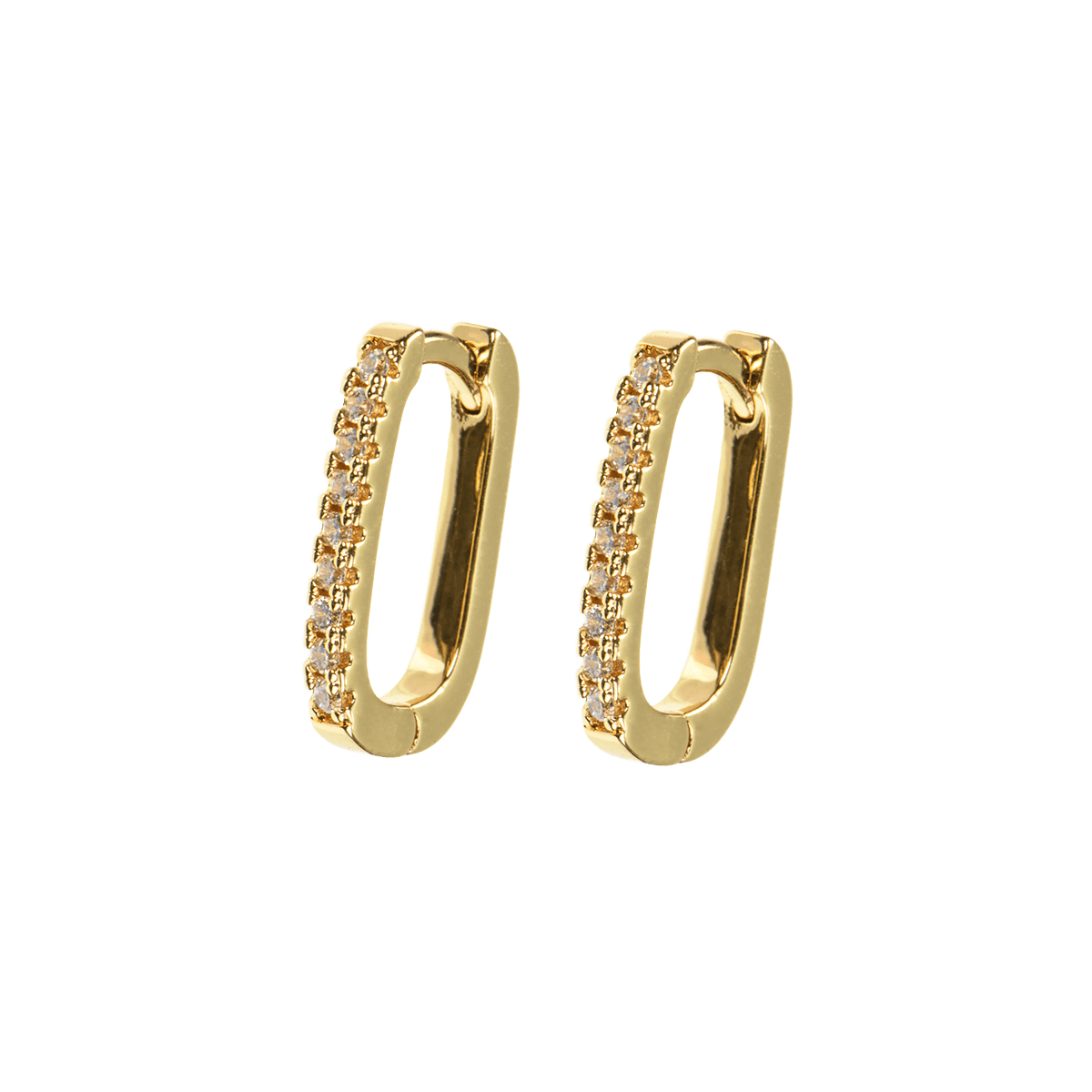Orecchini cerchi quadrati in ottone placcato oro 18 carati con pietre incastonate a mano per un tocco elegante.