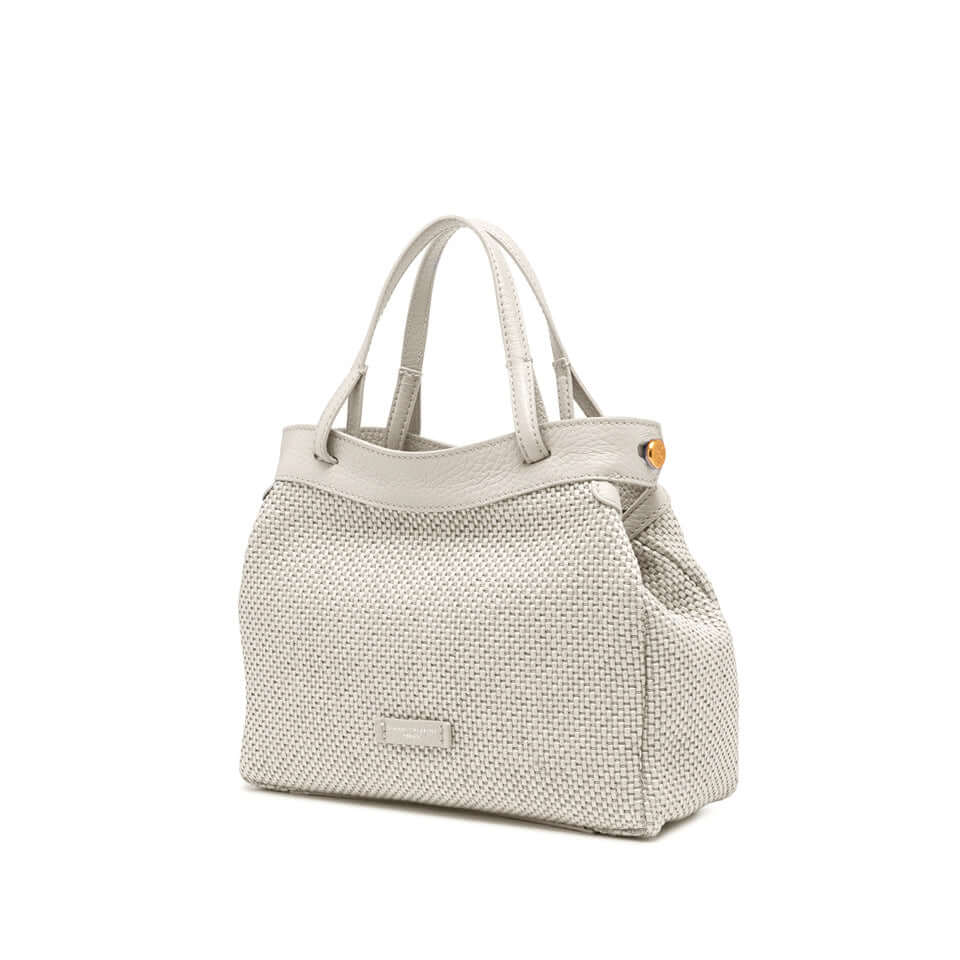 Stylish Ottavia handbag by Gianni Chiarini, crafted from woven straw fabric, featuring double portability and zip closure.