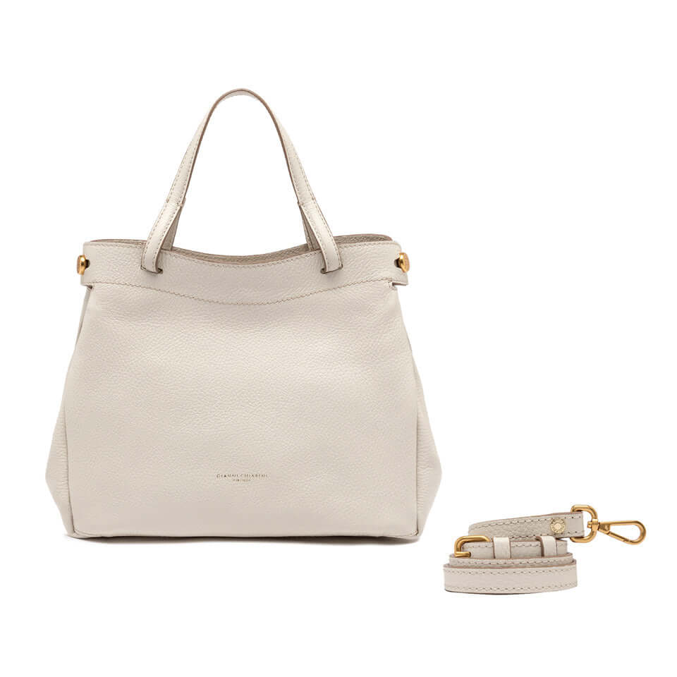 Ottavia handbag by Gianni Chiarini, made of hammered leather, featuring dual carry options and a detachable strap.