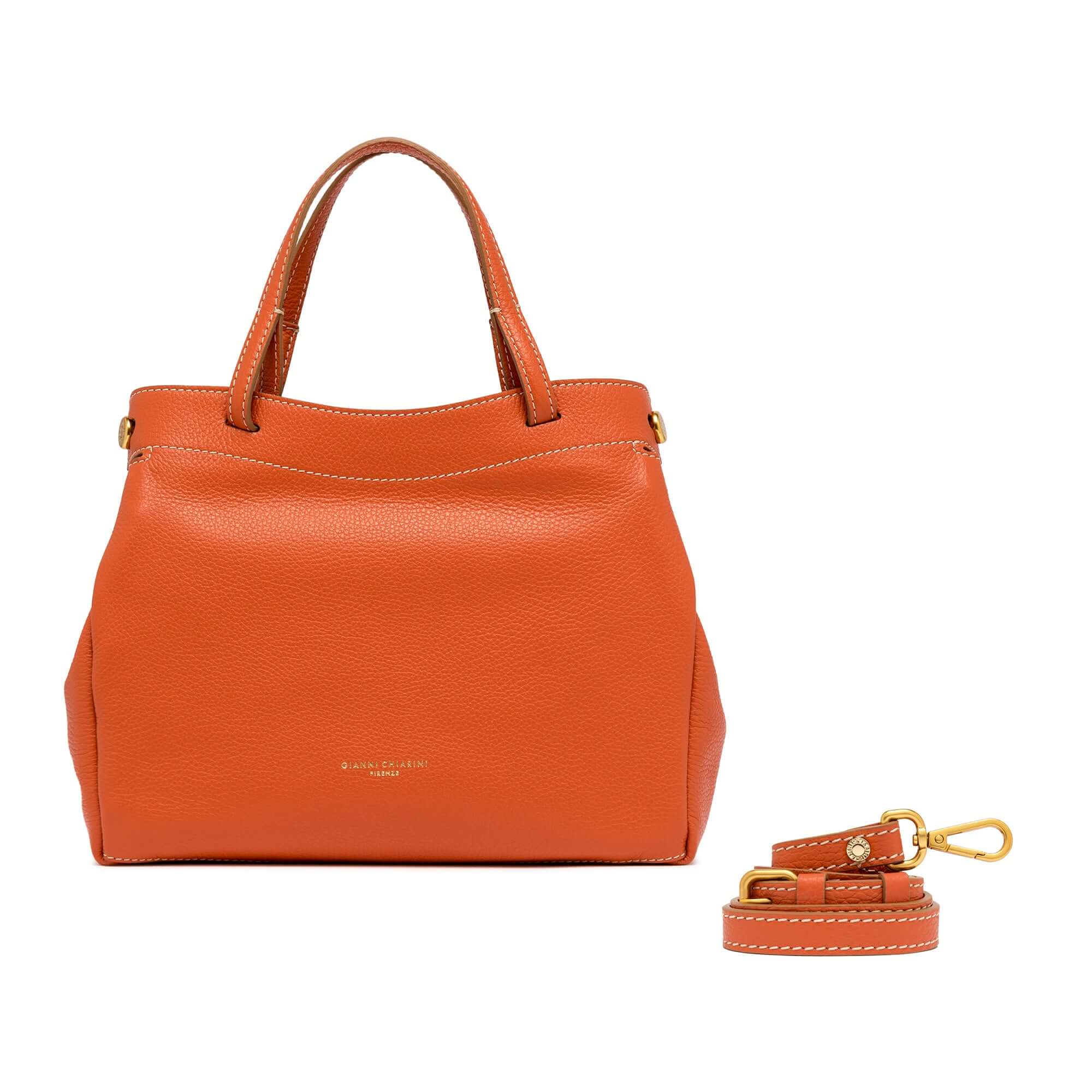 Ottavia Gianni Chiarini Firenze orange leather handbag with adjustable strap and logo detail.