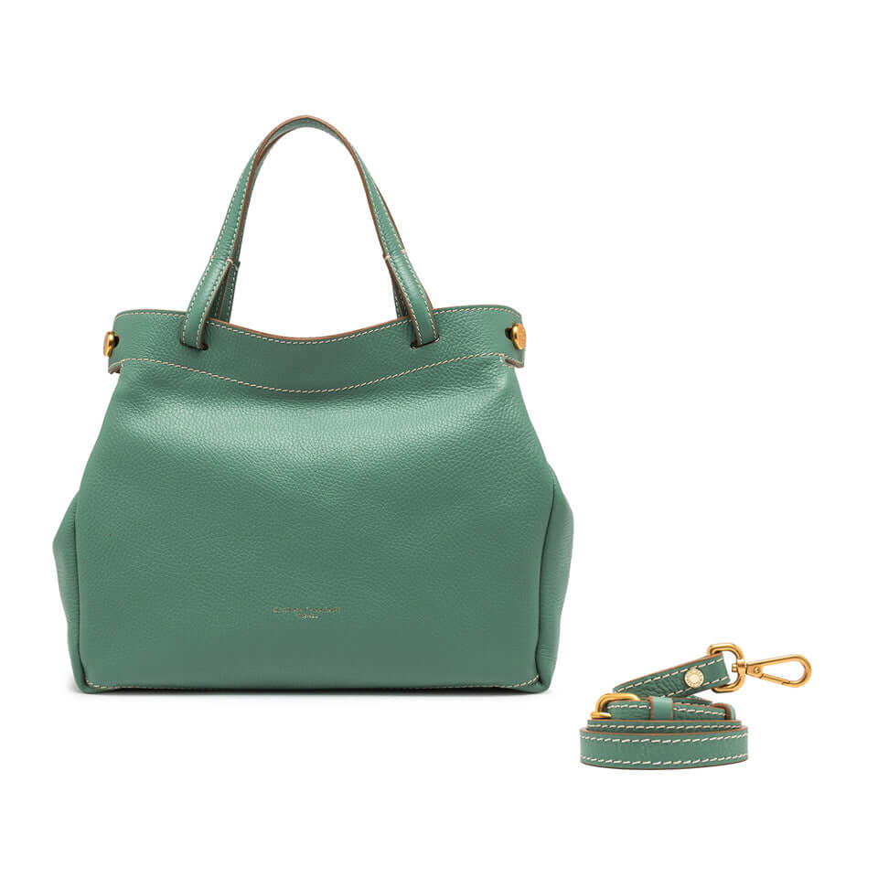 Ottavia handbag by Gianni Chiarini, green hammered leather with adjustable handle and crossbody strap, dimensions 30x25x11 cm.