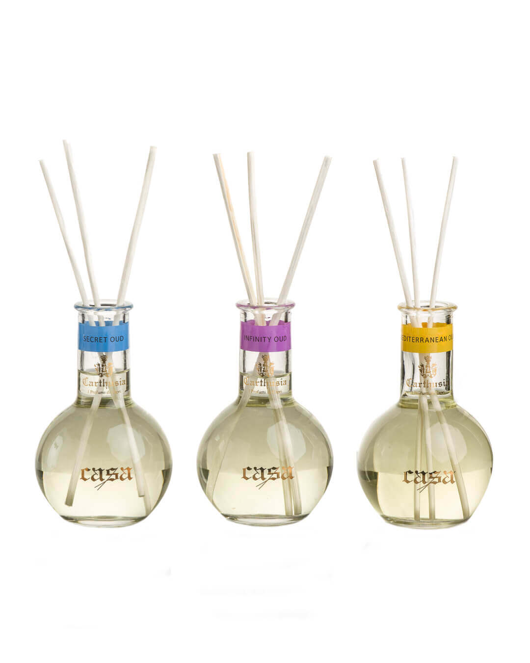 Tris di diffusori di fragranze Oud Edition di Carthusia, esotiche essenze mediterranee in ampolline.
