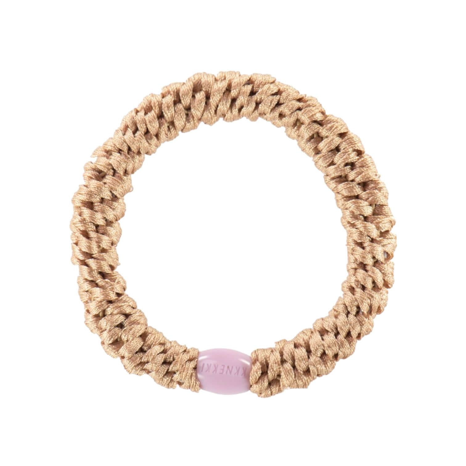 Peach elastico capelli hair tie made of polyester and rubber with a unique braided design.