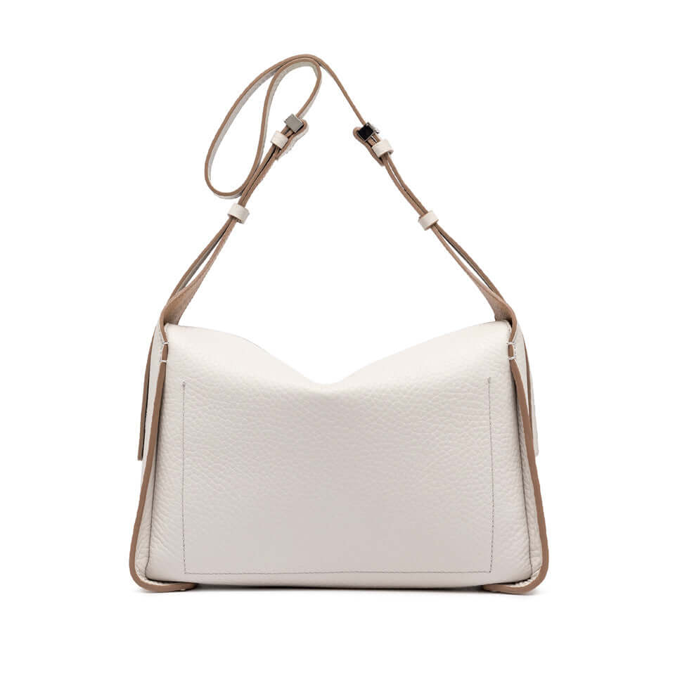 Penelope white leather handbag with adjustable strap and elegant design, perfect for a stylish and practical look.