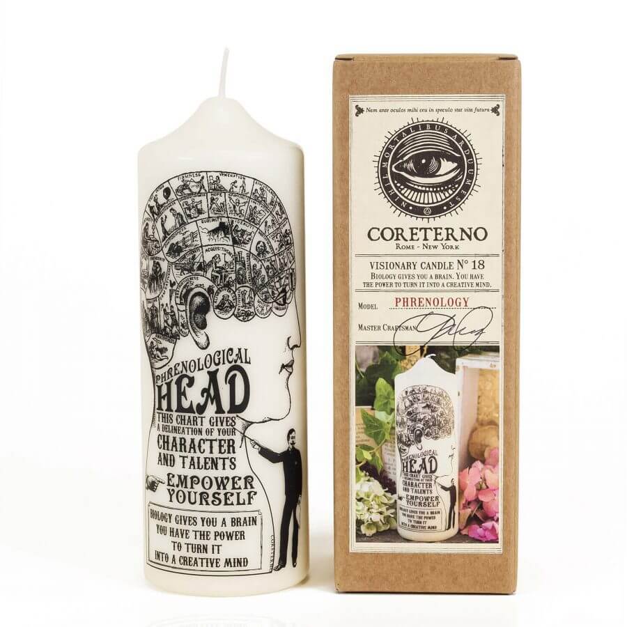 Phrenology Candela Artistica with detailed artwork, highlighting the connection between mind and creativity.