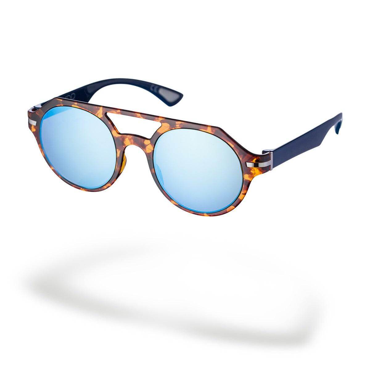 PIERO C1 occhiali da sole eleganti con montatura havana e lenti blu specchiate, della collezione Flexo.