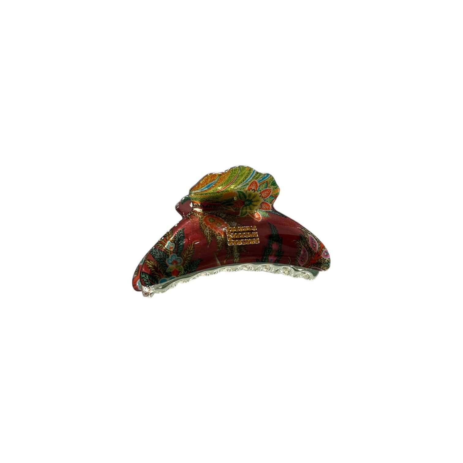 Pinza Grande colorata, ideale per capelli voluminosi, realizzata in acetato, vetro e seta di alta qualità.