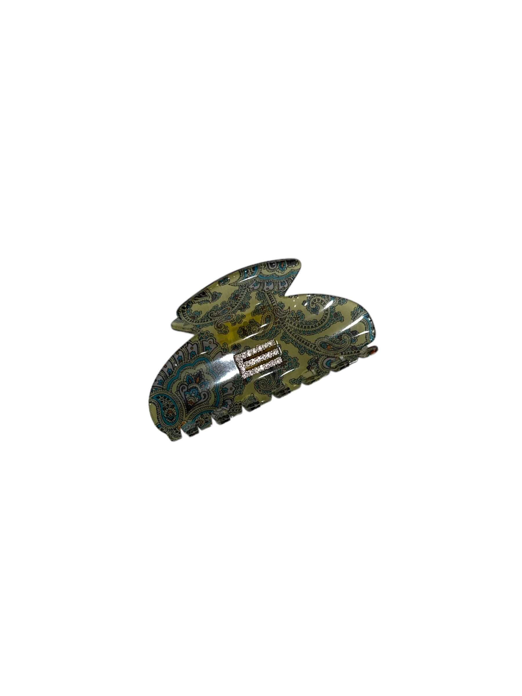 Pinza Seta Vetrificata "E" Strass, elegante clip per capelli con dettagli in strass e design raffinato.