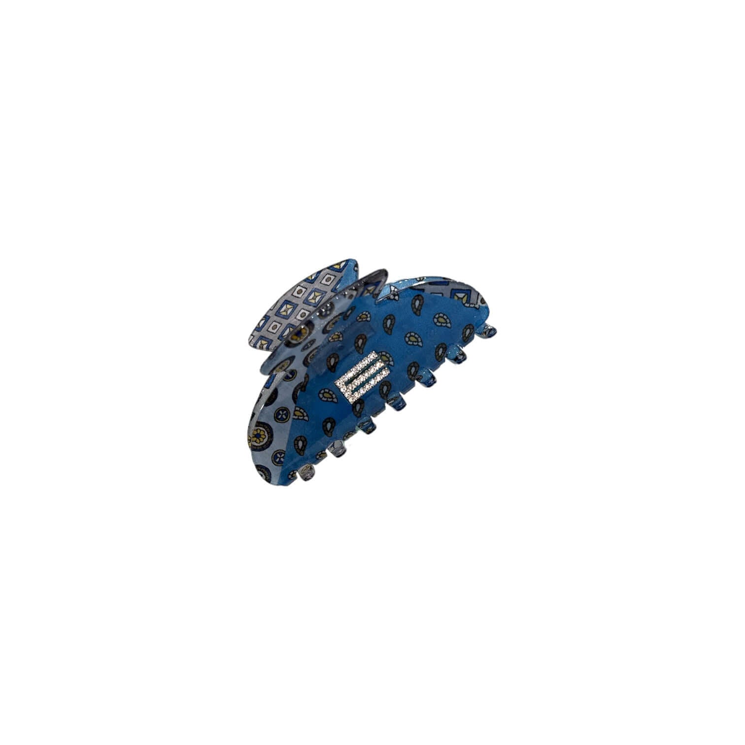 Pinza Seta Vetrificata "E" Strass blu con decorazioni eleganti per acconciature sofisticate.