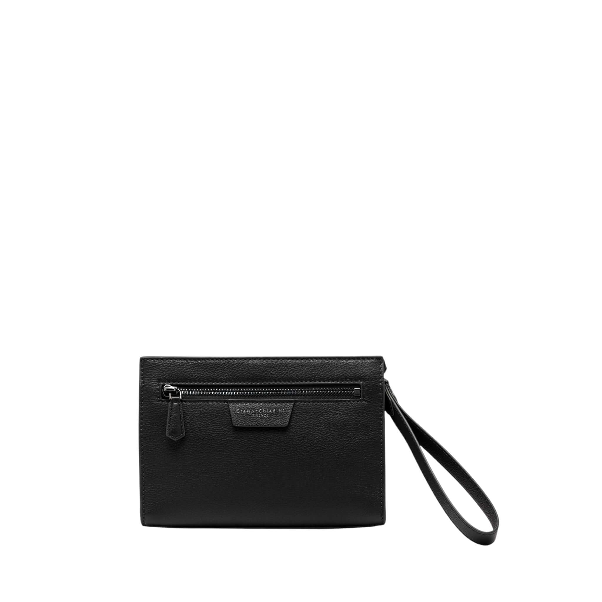 Minimal black leather Florence pouch with zip closure and wrist strap.