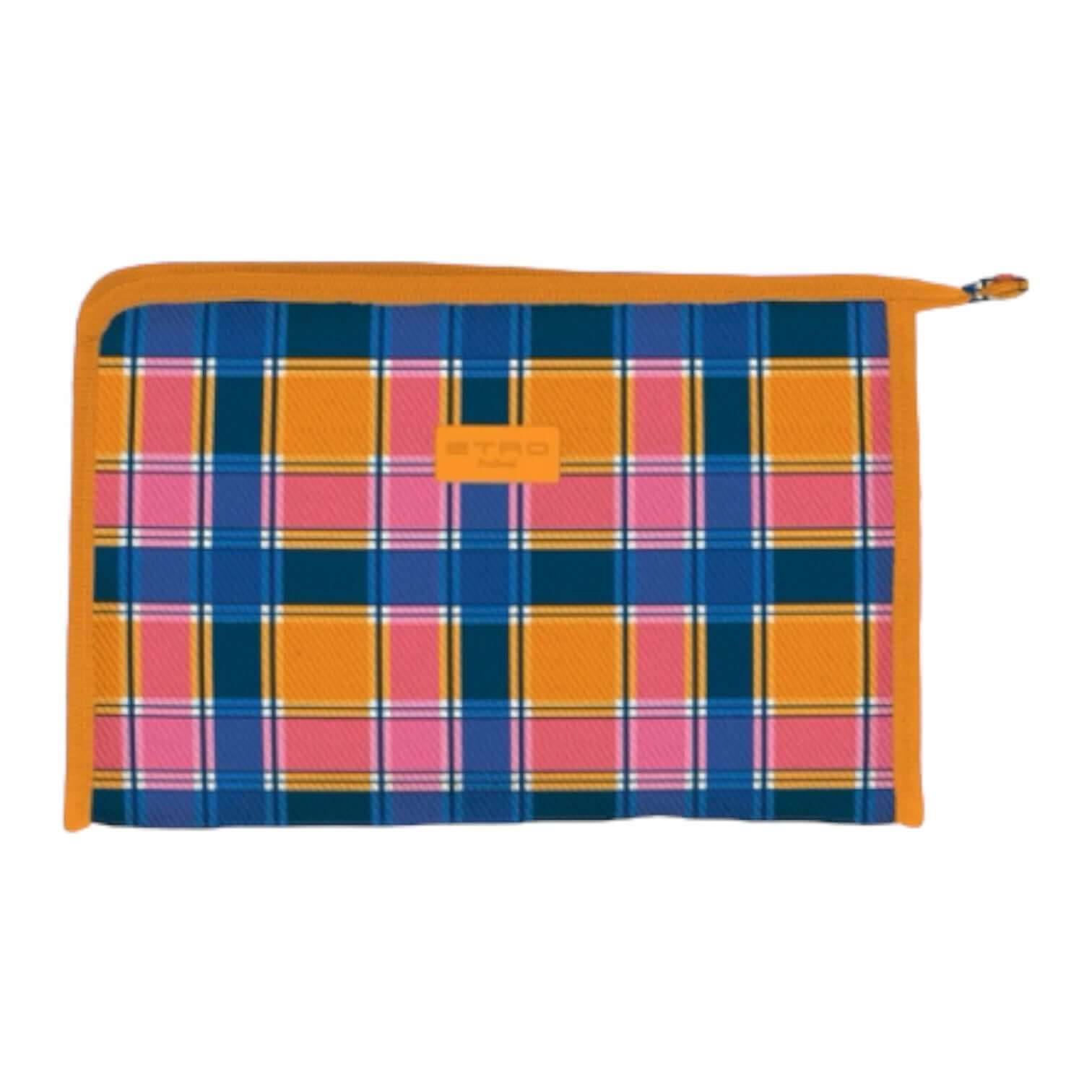 Porta trucco grande con design a quadri colorati, targhetta ETRO, chiusura con zip, ideale per il trucco.