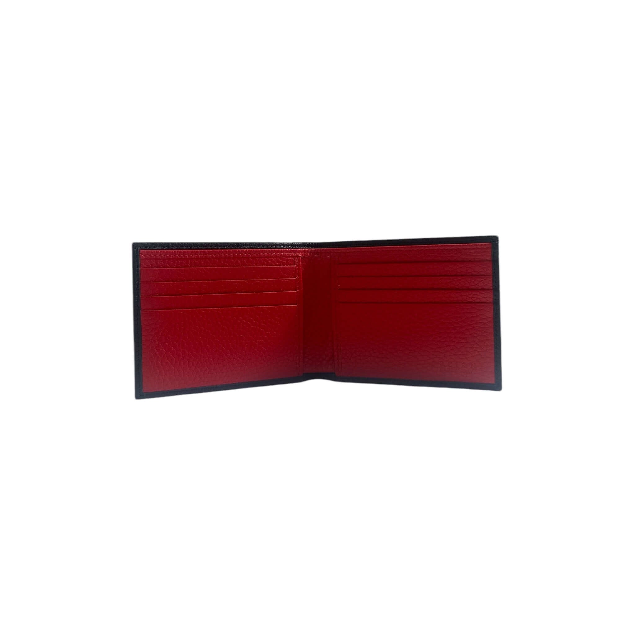 Interno del portafoglio Micron in pelle martellata bicolor, con otto scomparti per carte in rosso.