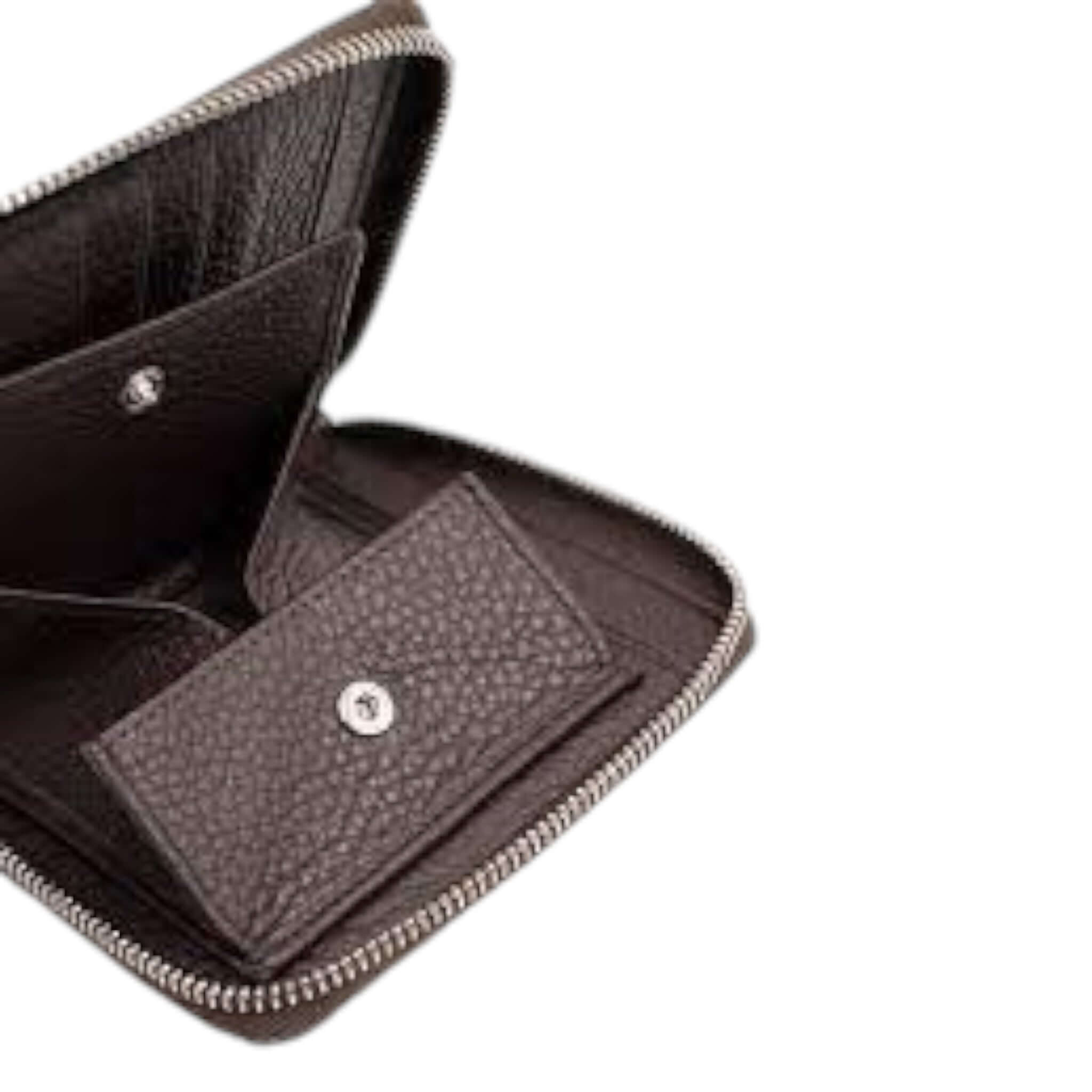 Interno del portafoglio Micron in pelle martellata, con tasche e chiusura zip per una maggiore sicurezza.
