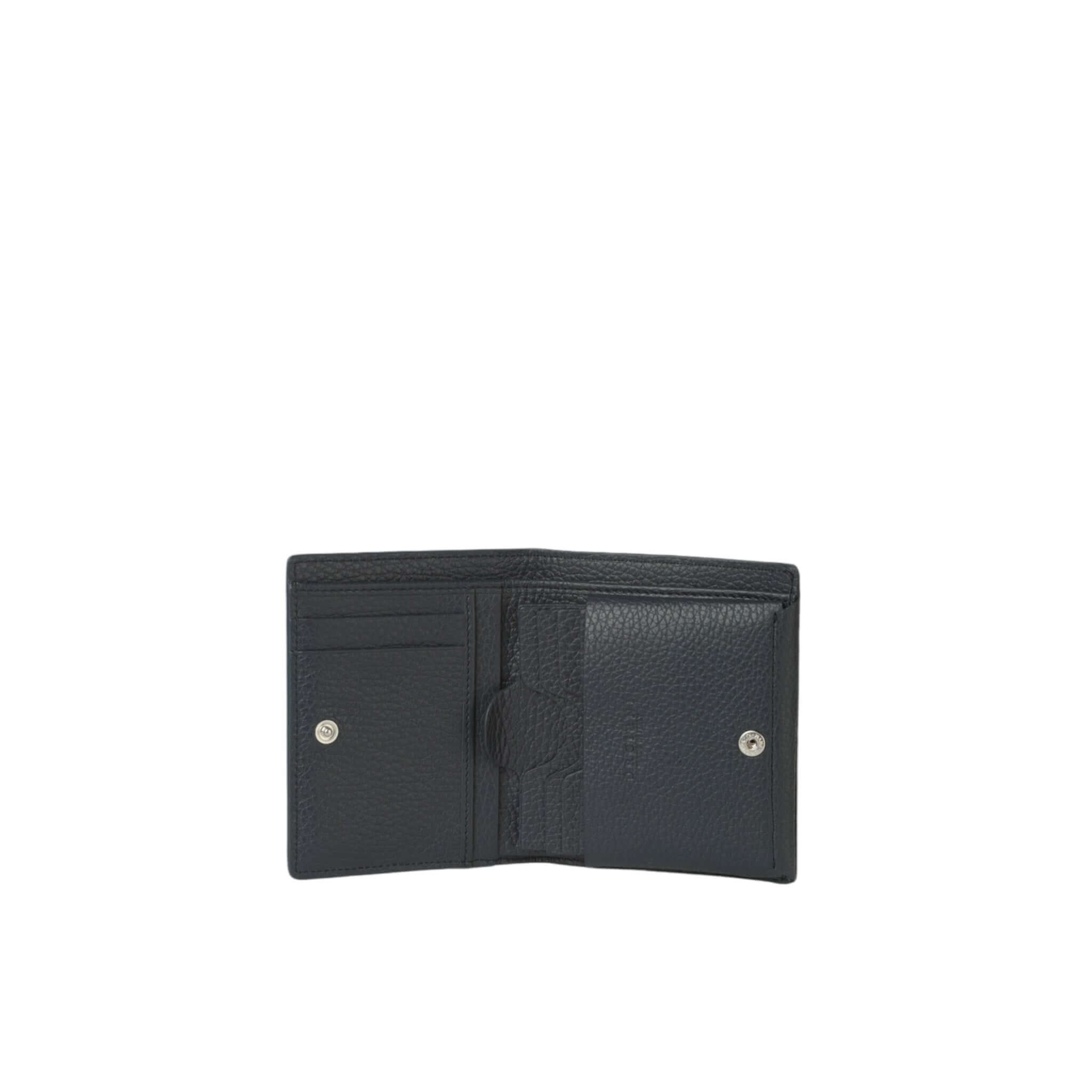 Portafoglio Micron verticale in pelle nera con spazio per carte e chiusura a bottone, elegante e pratico.