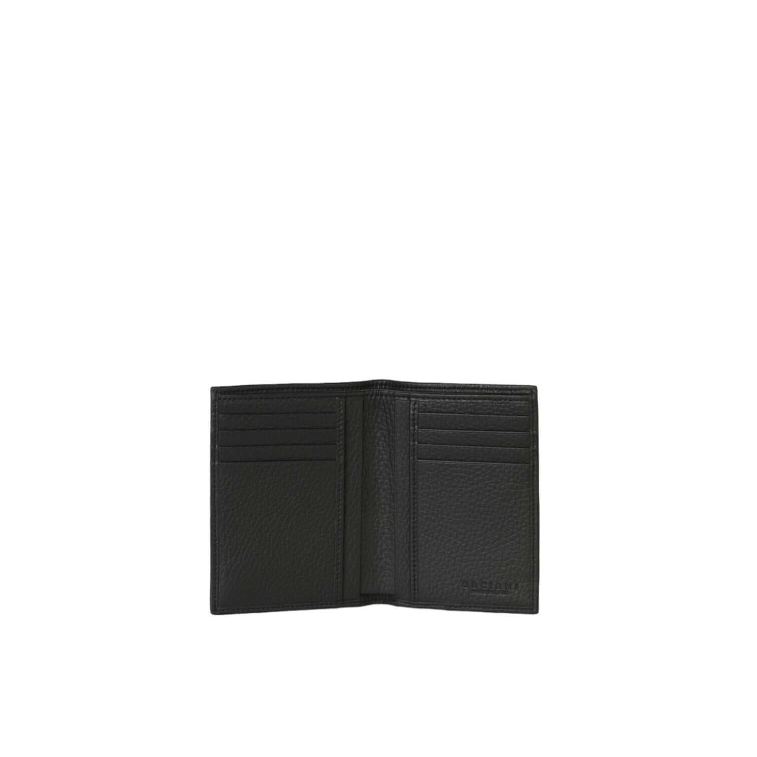 Portafoglio Verticale Micron in pelle nera, design elegante e organizzato con scomparti per carte, vista interna.