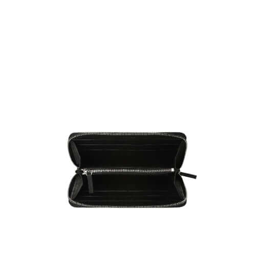 Interno del portafoglio zip around micron in pelle, con scomparti per banconote e carte, colore nero.