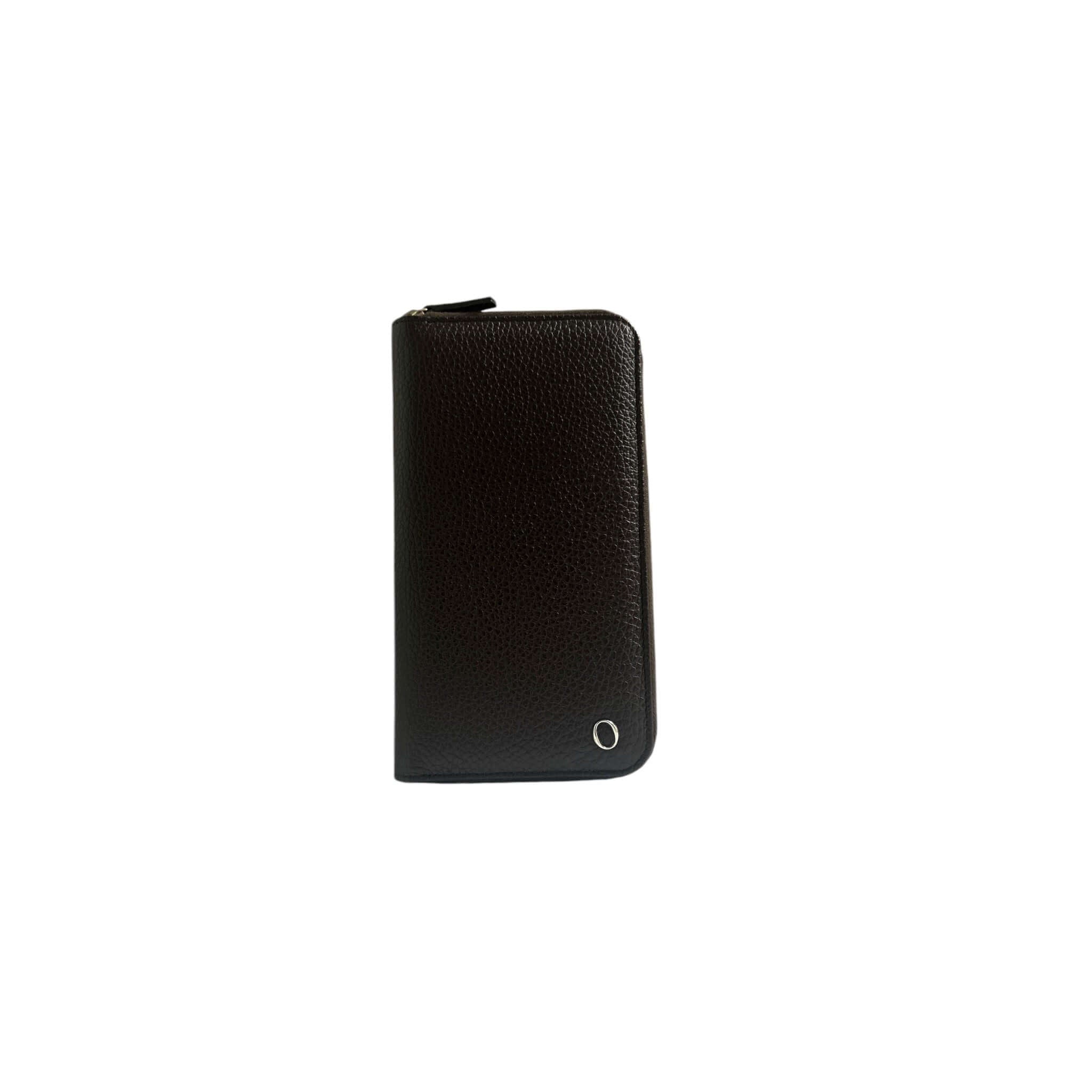 Portafoglio zip around in pelle martellata con chiusura zip e protezione RFID, misura 20x11x2 cm, made in Italy.