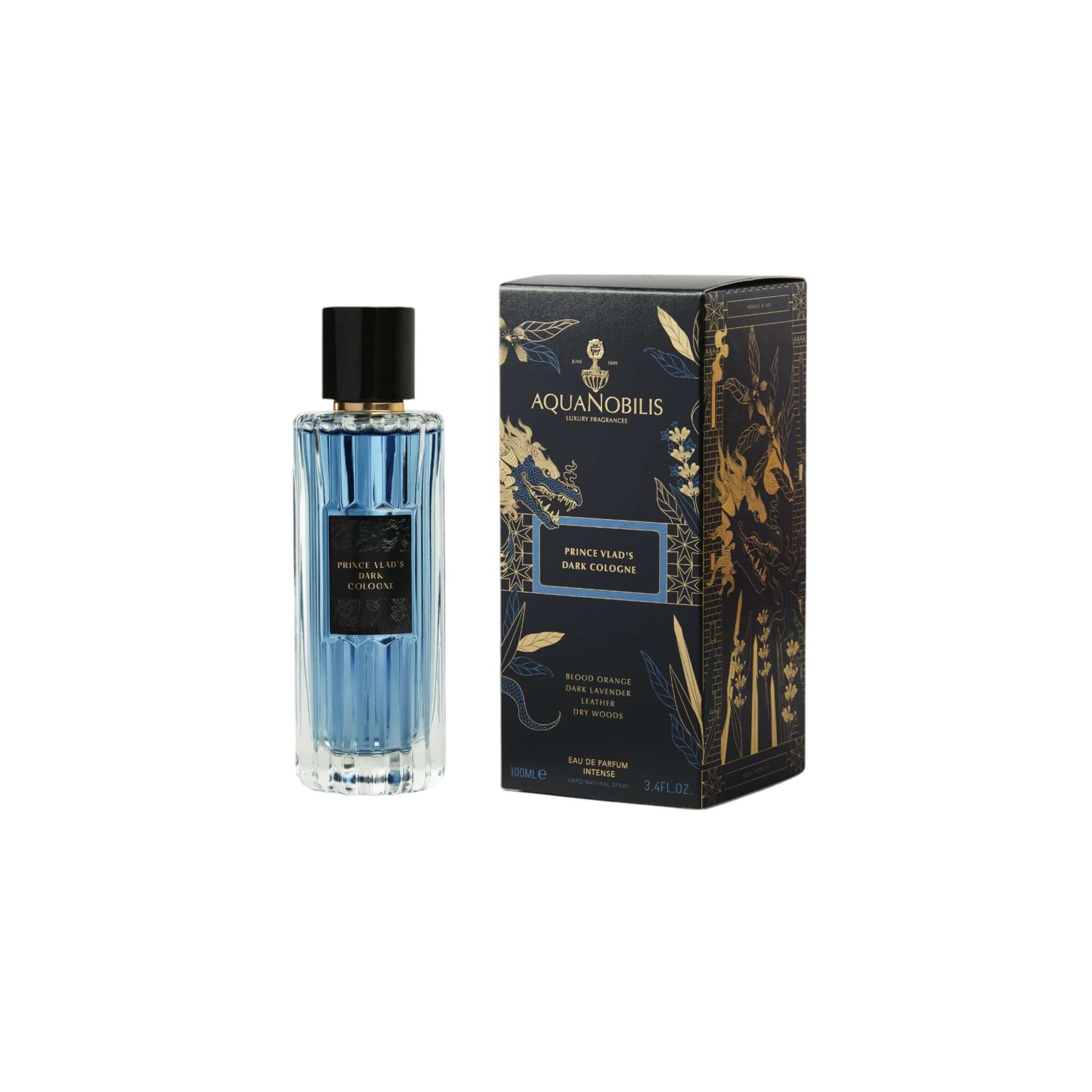 Prince Vlad's Dark Cologne by Aquanobilis in a stylish bottle and elegant packaging.