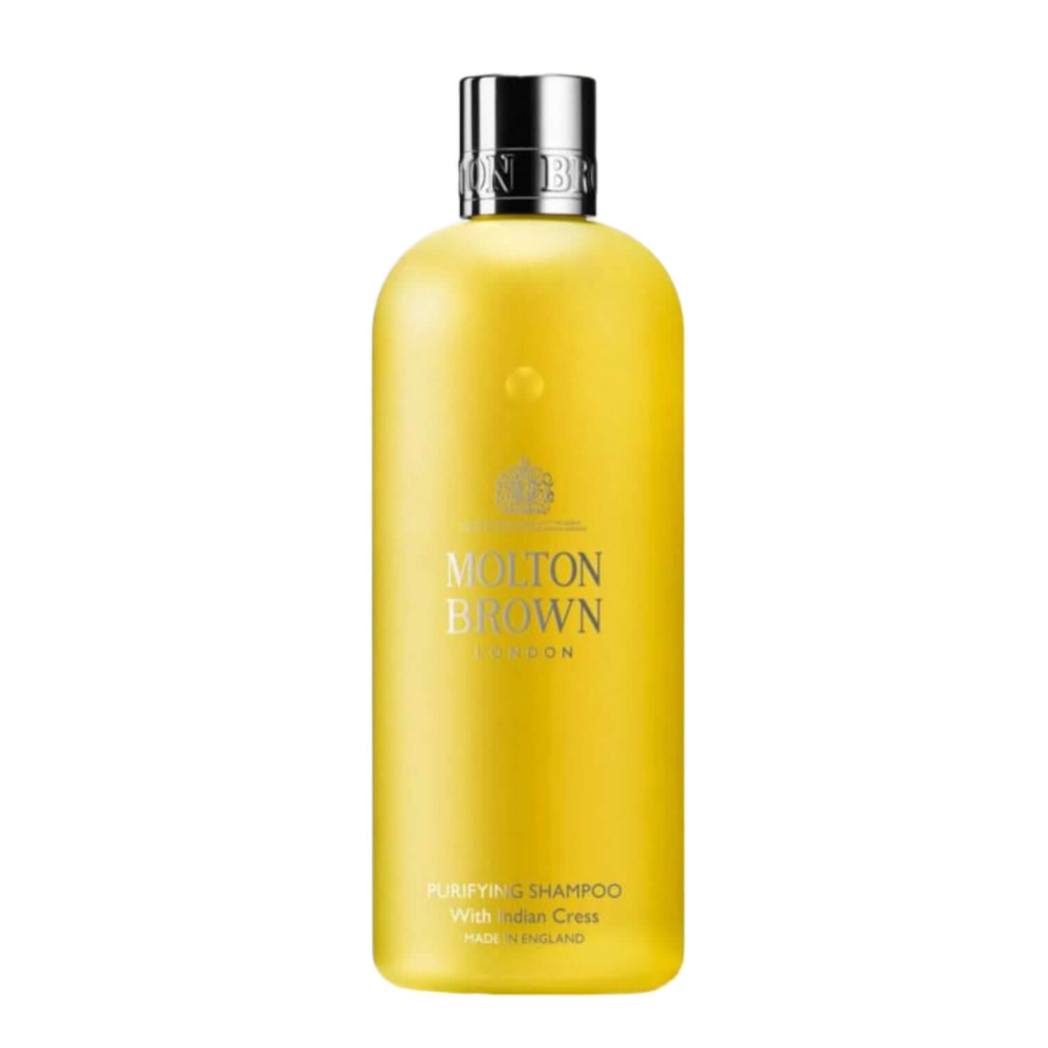 Molton Brown Purifying Shampoo with Indian Cress in a yellow bottle, 300 ml, cruelty-free and vegan.