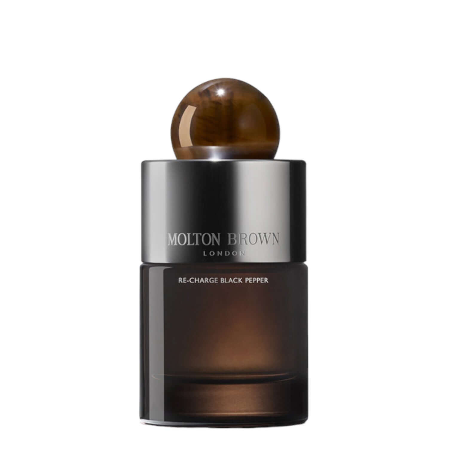 Molton Brown Re-Charge Black Pepper Eau De Parfum 100ml in an elegant glass bottle with a unique resin cap.