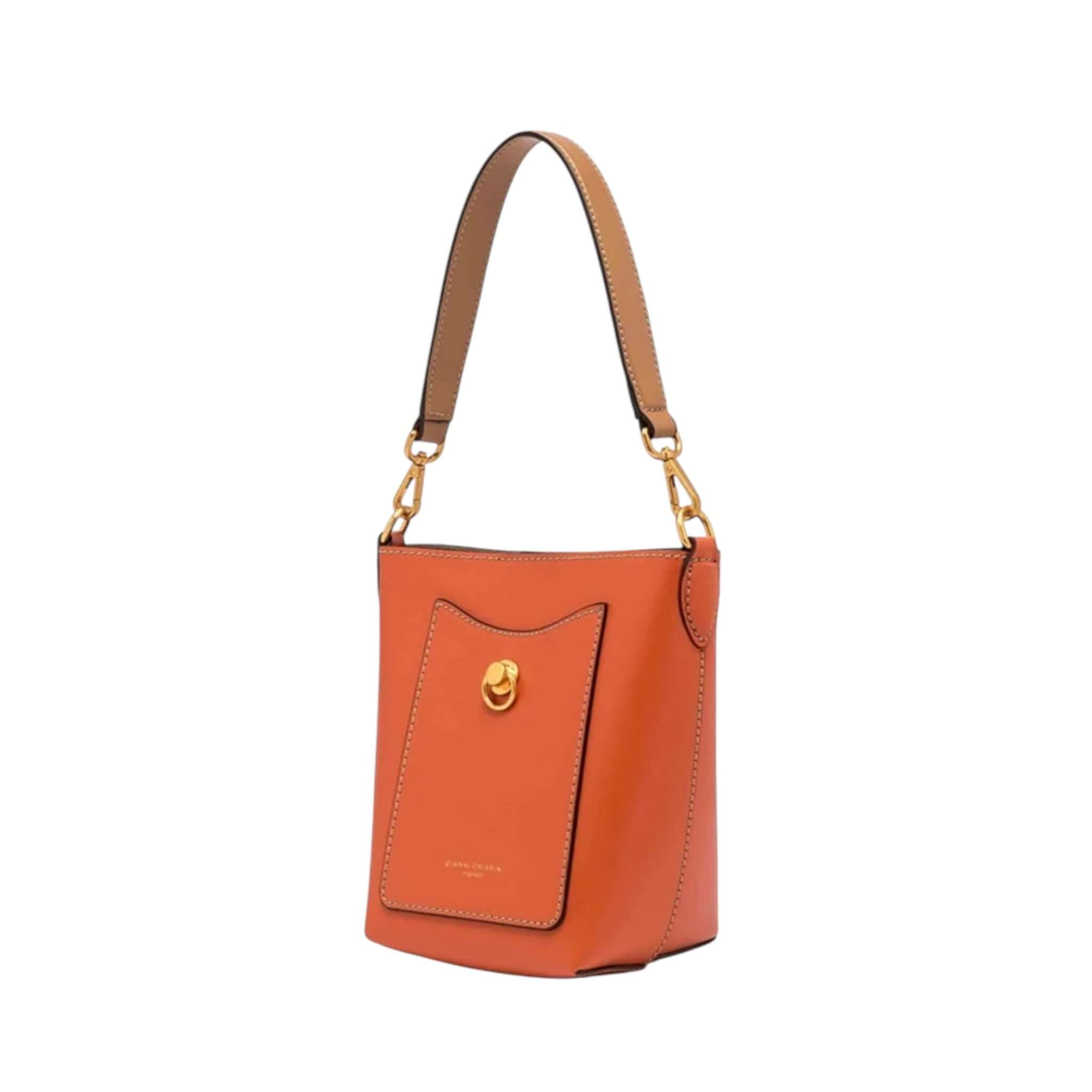 RUBINA by Gianni Chiarini, orange bucket bag in smooth leather with handle and shoulder strap.