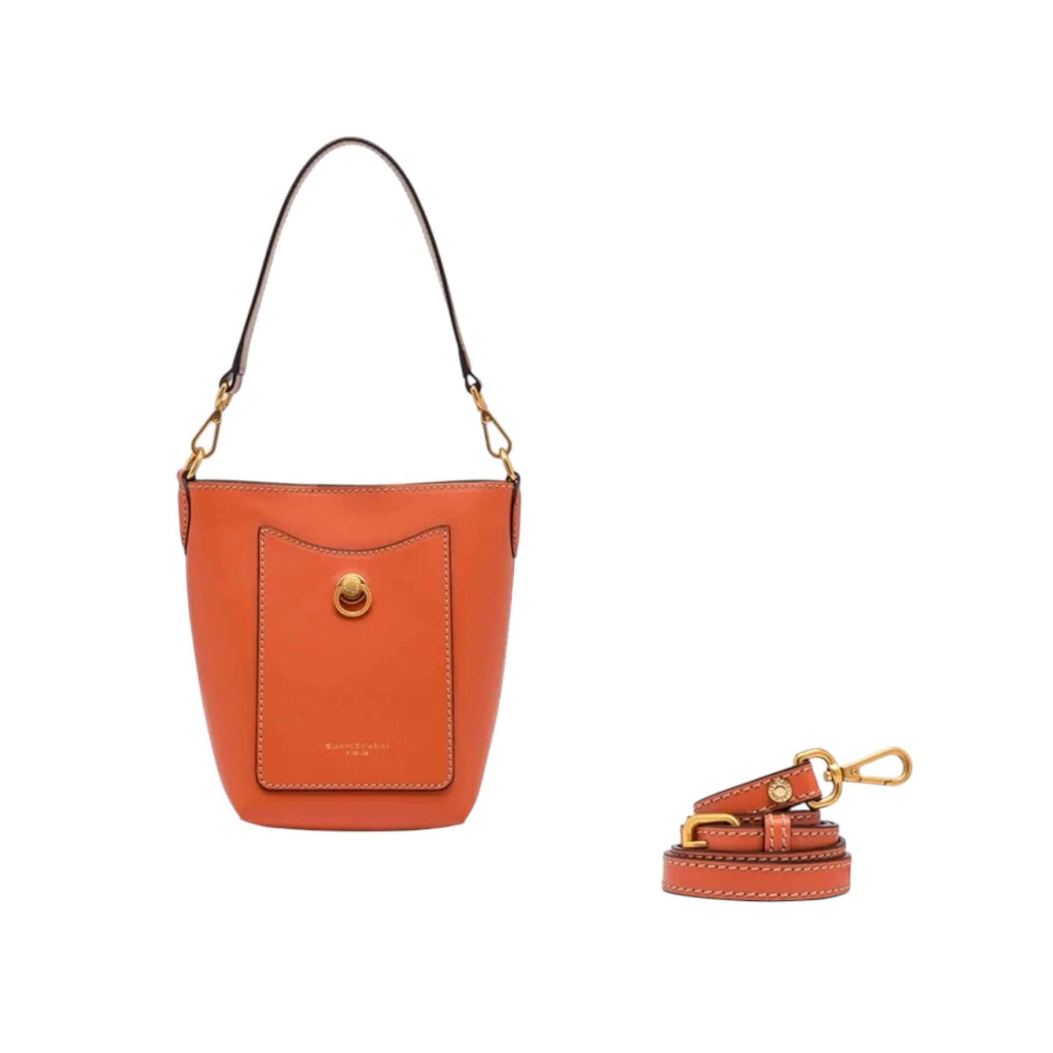 RUBINA by Gianni Chiarini Firenze, stylish orange bucket bag with detachable strap and flat pocket detail.