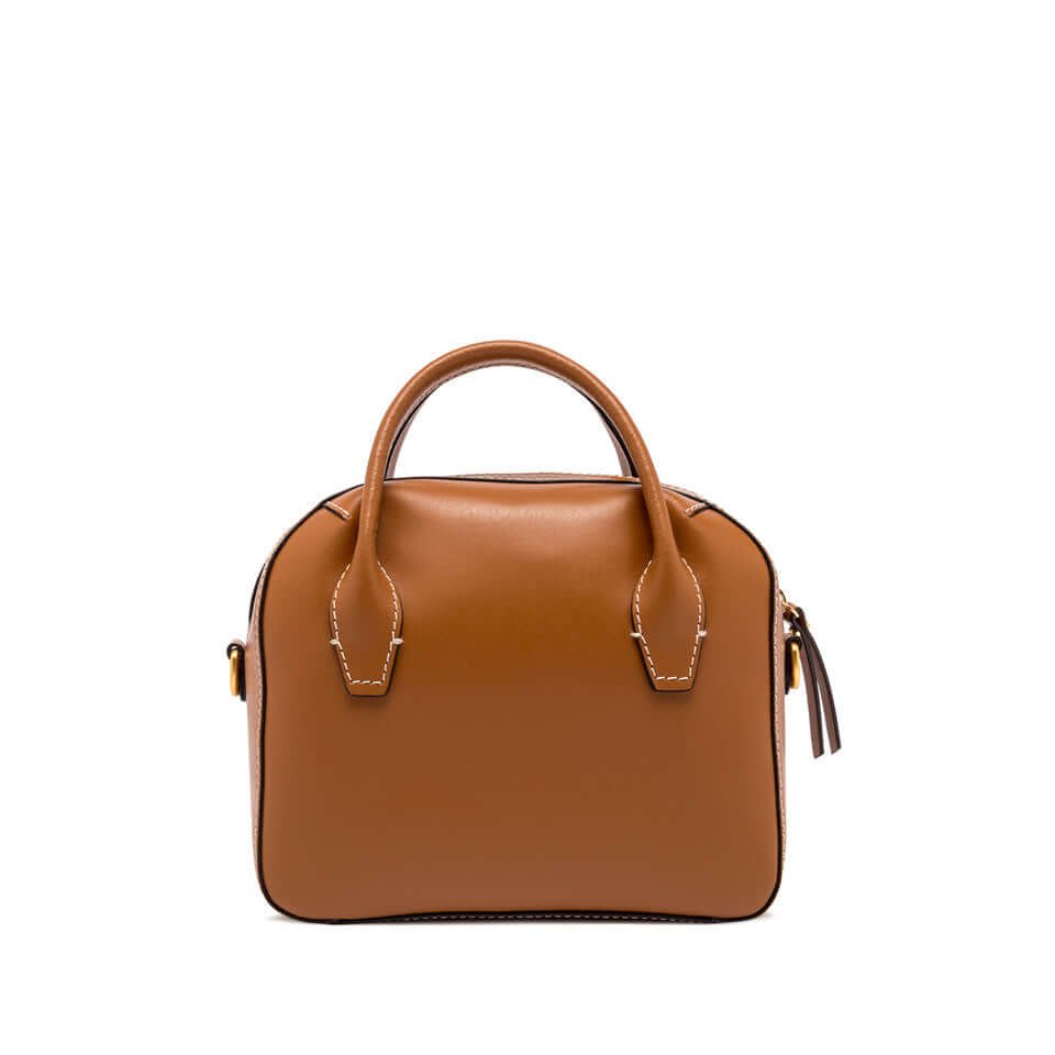 Sabrina small bowling bag in smooth brown leather with double handles and shoulder strap.